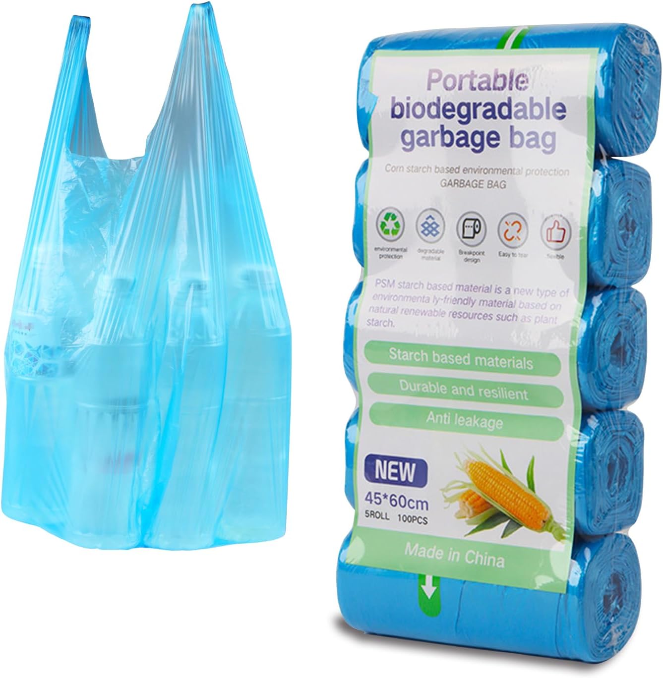 Thicken Vest Type Biodegradable Small Garbage Bag For Office,5 Rolls,100 Counts Blue,2.6 Gallon,Compostable Bags With Handles (2.6 Blue Trash Bag)