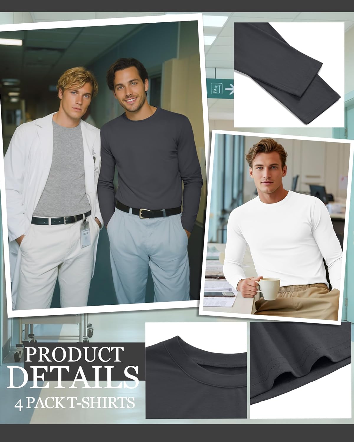 August Alley 4 Pack Men's Long Sleeve Underscrub Shirts Nurse Crewneck Work Tops Stretchy Laying Undershirts Basic Tee