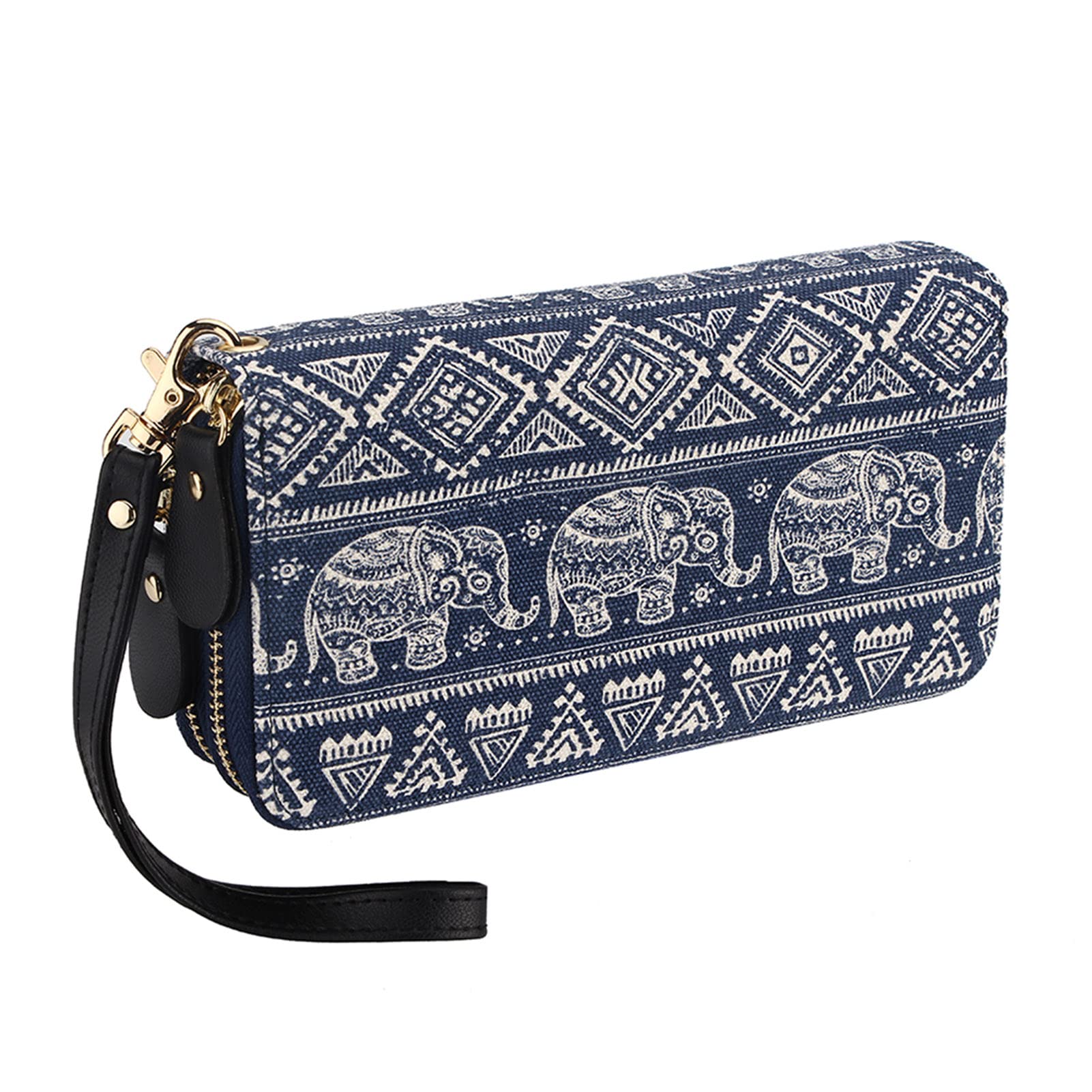 LATH.PIN RFID Blocking Bohemian Purse Wallet Canvas Elephant Pattern Handbag with Coin Pocket and Strap