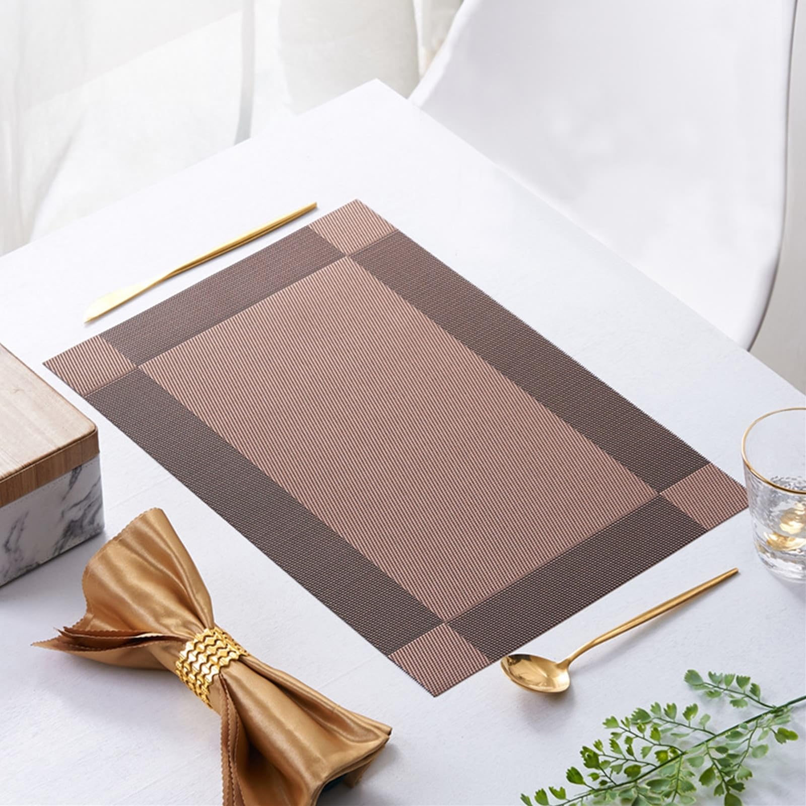 Prostokątne maty stołowe z PCW, zestaw 10 szt., styl A, brązowa, tkana, tekstylna, ślub, podkładki pod stół 30 x 45 cm