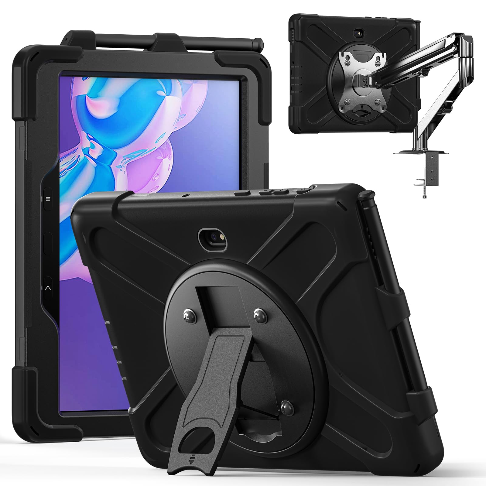 Etui kompatybilne z Samsung Galaxy Tab Active Pro 25.7 cm 2019 T540/T545/T547, odporne na wstrząsy, wytrzymałe etui ochronne z obrotowym stojakiem i paskiem na ramię, czarne