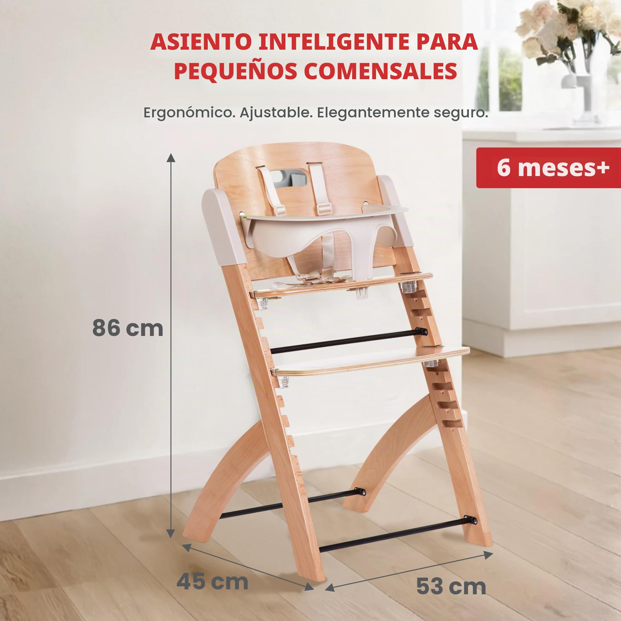 CHILDHOME, Trona Evolutiva : De 0 meses a 85KG, Tableta incluida, Madera de haya, Barra antivuelco, Arnés de seguridad de 5 puntos, Tornillos invisibles, Evosit Natural Beige