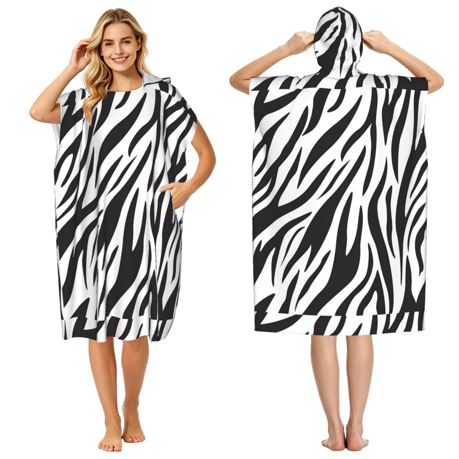 Poadnly Zebra Print, Adult Hooded Beach Towel 90 x 110 cm,Changing Bath Robe, Surf Poncho Towel For Women Men