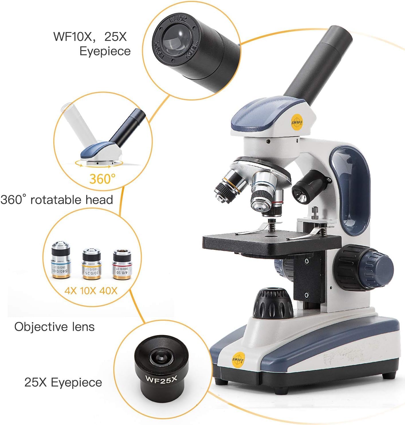 Swift Microscopio monocular Compuesto SW200DL con Aumento de 40X-1000X, luz Dual, Enfoque Fino de precisión, Ocular de Campo Ancho 25X y Capacidad inalámbrica para Estudiantes Principiantes