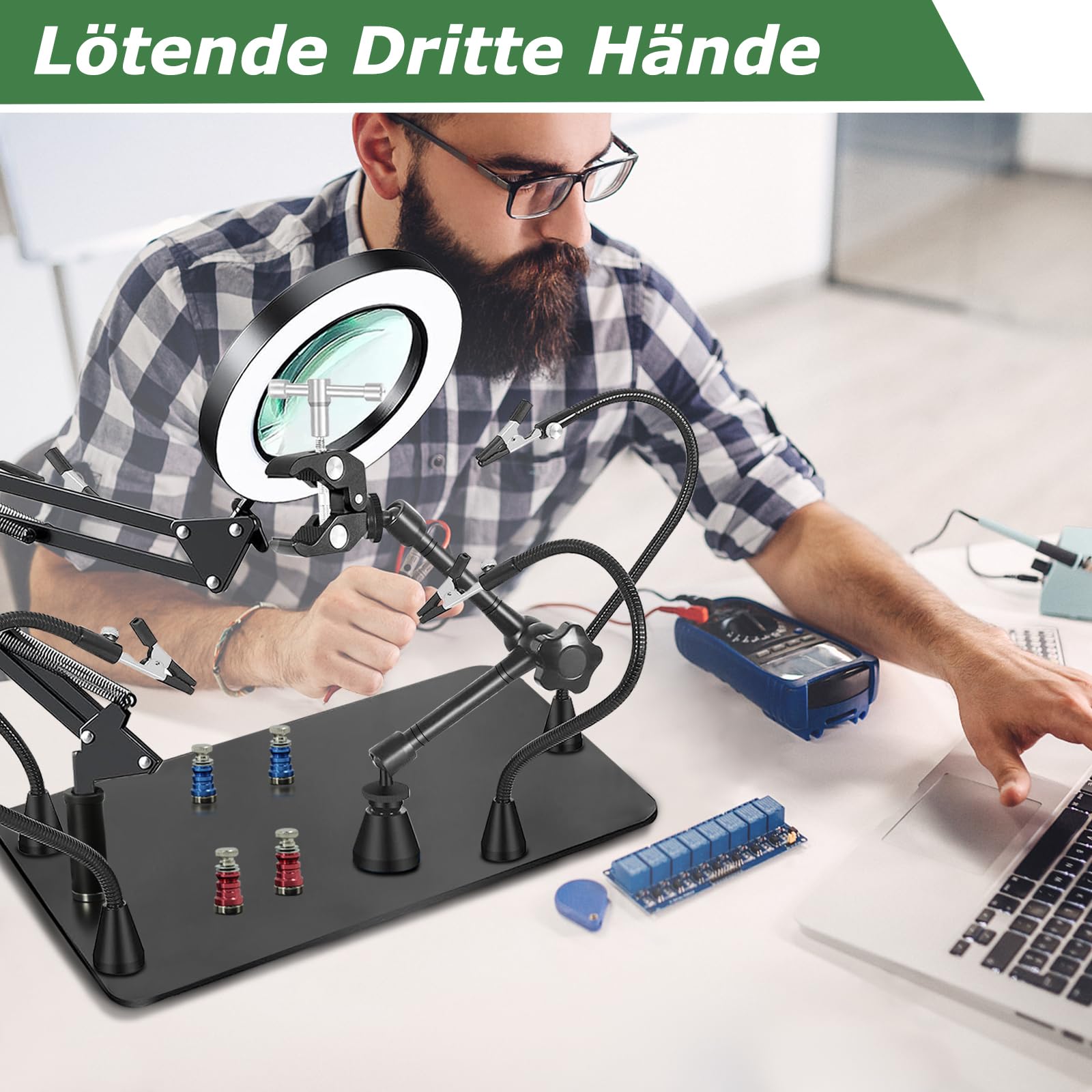 Dritte hand Löten, Magnetische Löthilfe Helfende Hand mit 10X Lupe Licht, Lötstation mit 4 PCB-Säulen 4 flexibel Arme und 1 Mechanischer Tragarm, Löthilfe für Schweißer, Schmuckhersteller, Handwerk