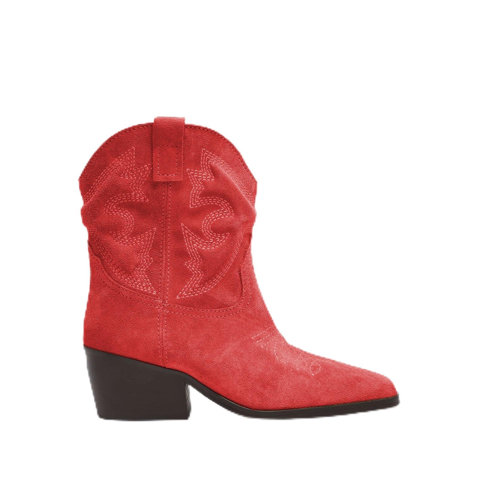 Womens Western Suede Embroidered Cowboy Ankle Boots Pointed Toe Chunky Heel Vintage Short Boots with Casual Party Dress