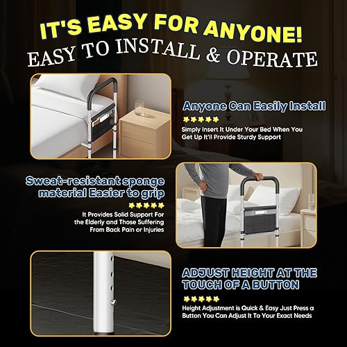 Miniatura 8 de Rieles de cama para adultos mayores, rieles de asistencia de cama ajustables aprobados por ASTM para personas mayores, mango ergonómico