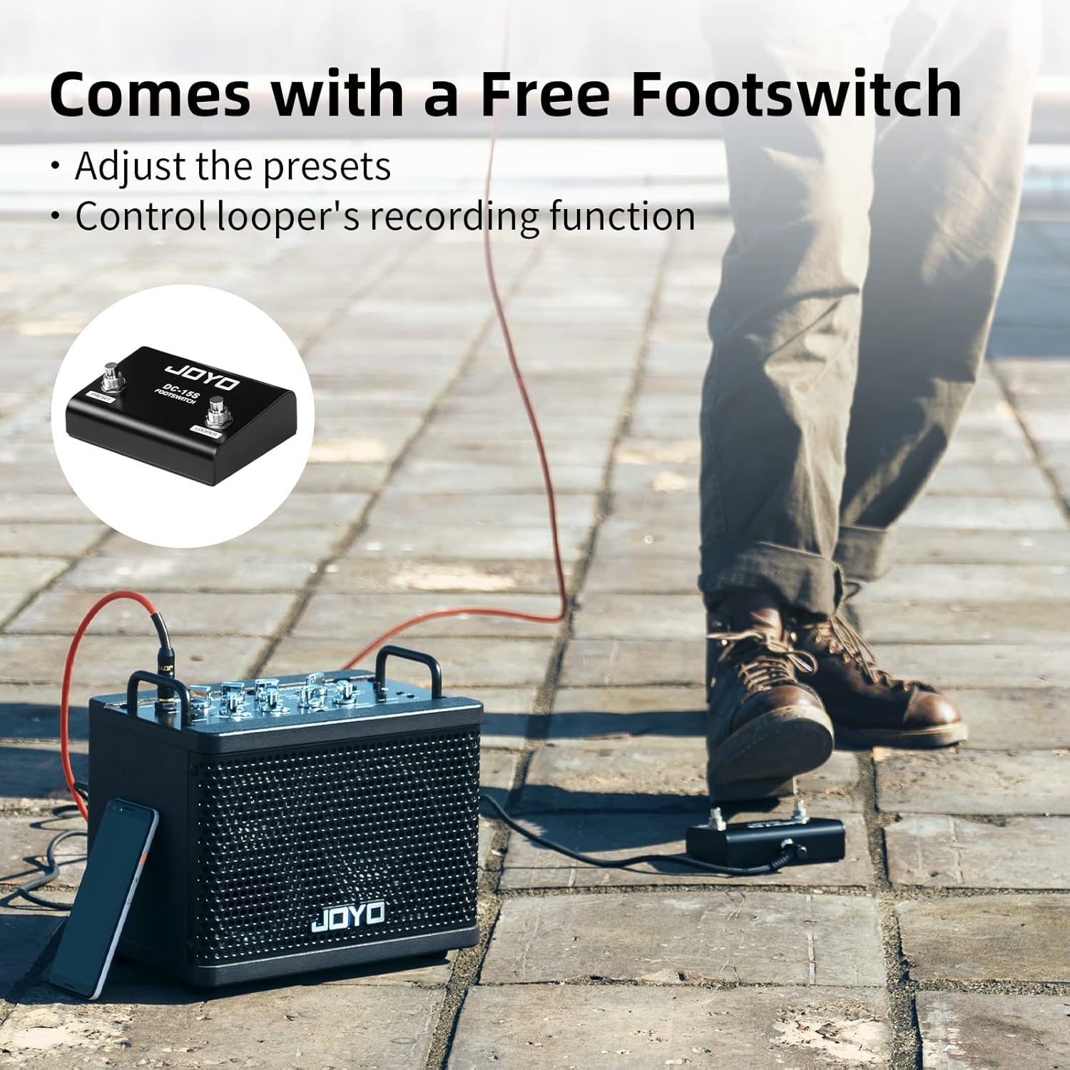 JOYO DC-15S Digital Modeling Combo Amplifier Bundle with CM-04 Mono 6.35mm Instrument Cable Straight-to-Straight