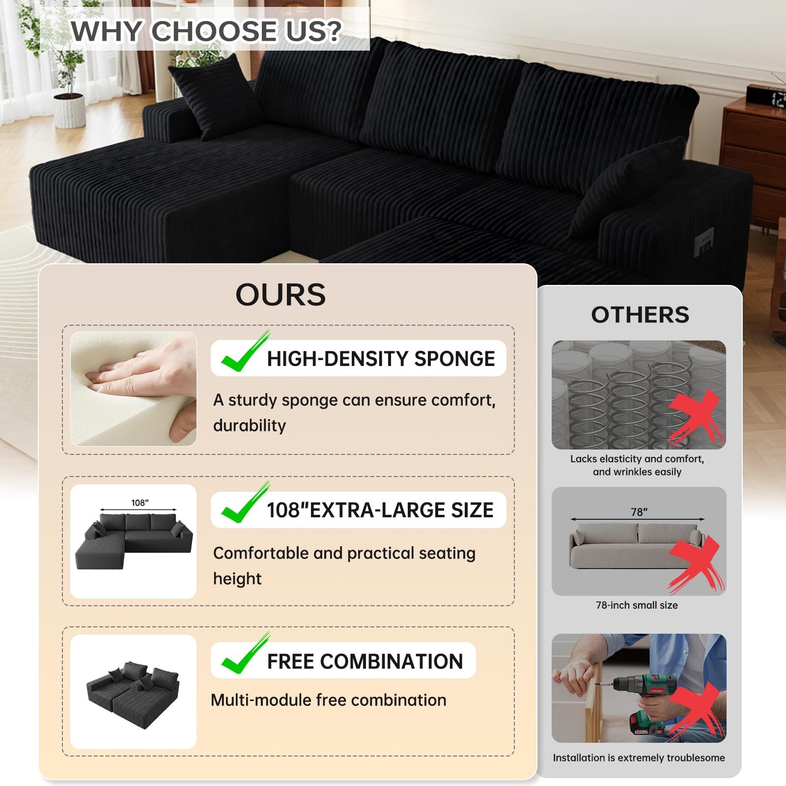 108" U-Shape Modular Sectional Cloud Couch with Ottoman, Deep Seat Boneless Couch with Oversized Chaise Lounge, Comfy Flannel Fabric Sofa for for Living Room Bedroom Apartment Game Room Basement