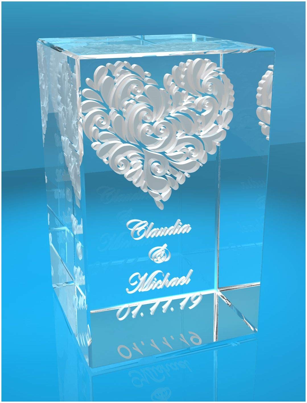 VIP-LASER 3D Glas Kristall Quader XL Verziertes Herz und Deinen Namen + Datum im Hochformat Gravur. Persönliche Partnergeschenk