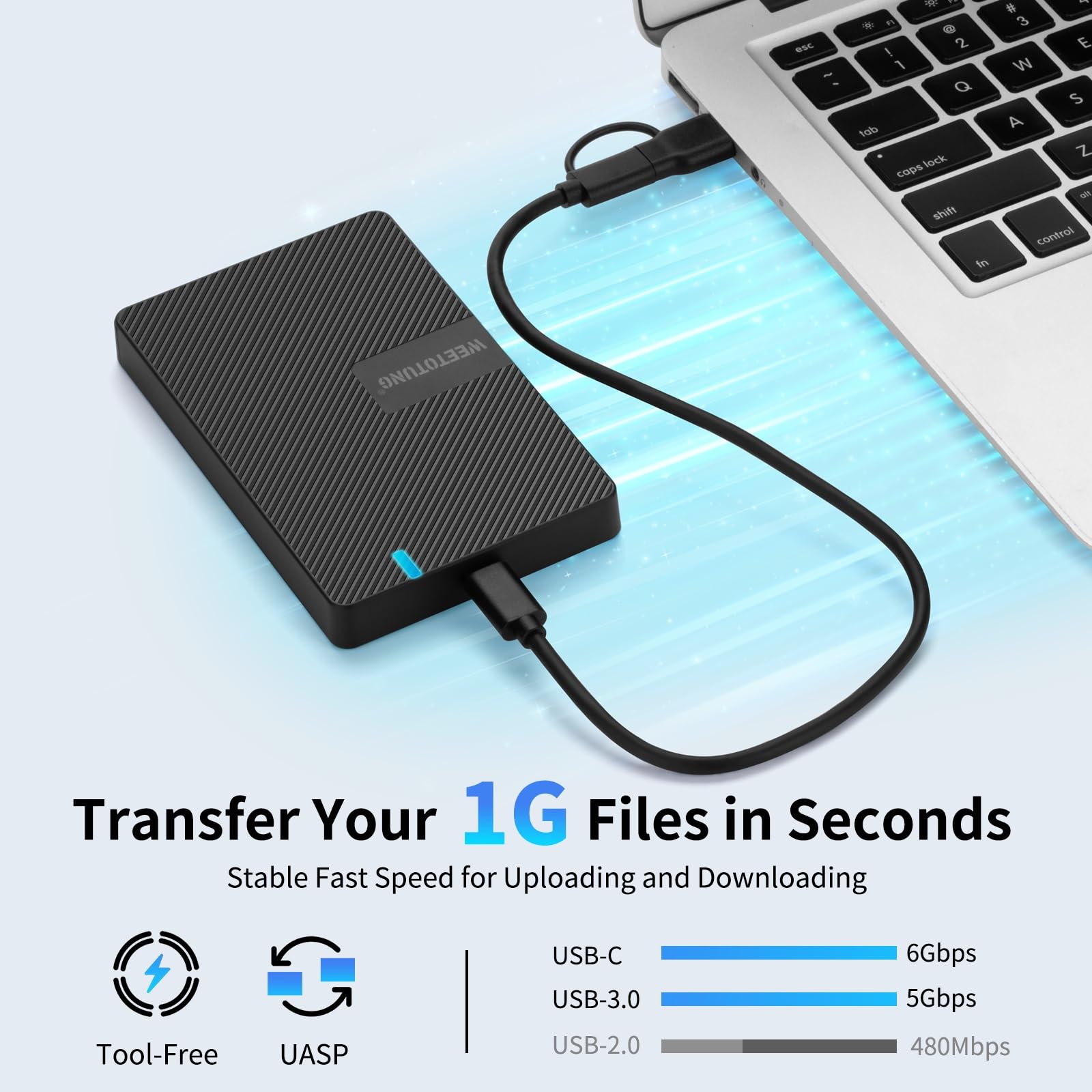 Zewnętrzna obudowa dysku twardego USB-C 2,5'' HDD SSD do SATA - WEETOTUNG 6 Gb/s obudowa bez użycia narzędzi kompatybilna z dyskiem UASP - do dysku 7 mm 9,5 mm z MacBookiem WD Seagate PlayStation