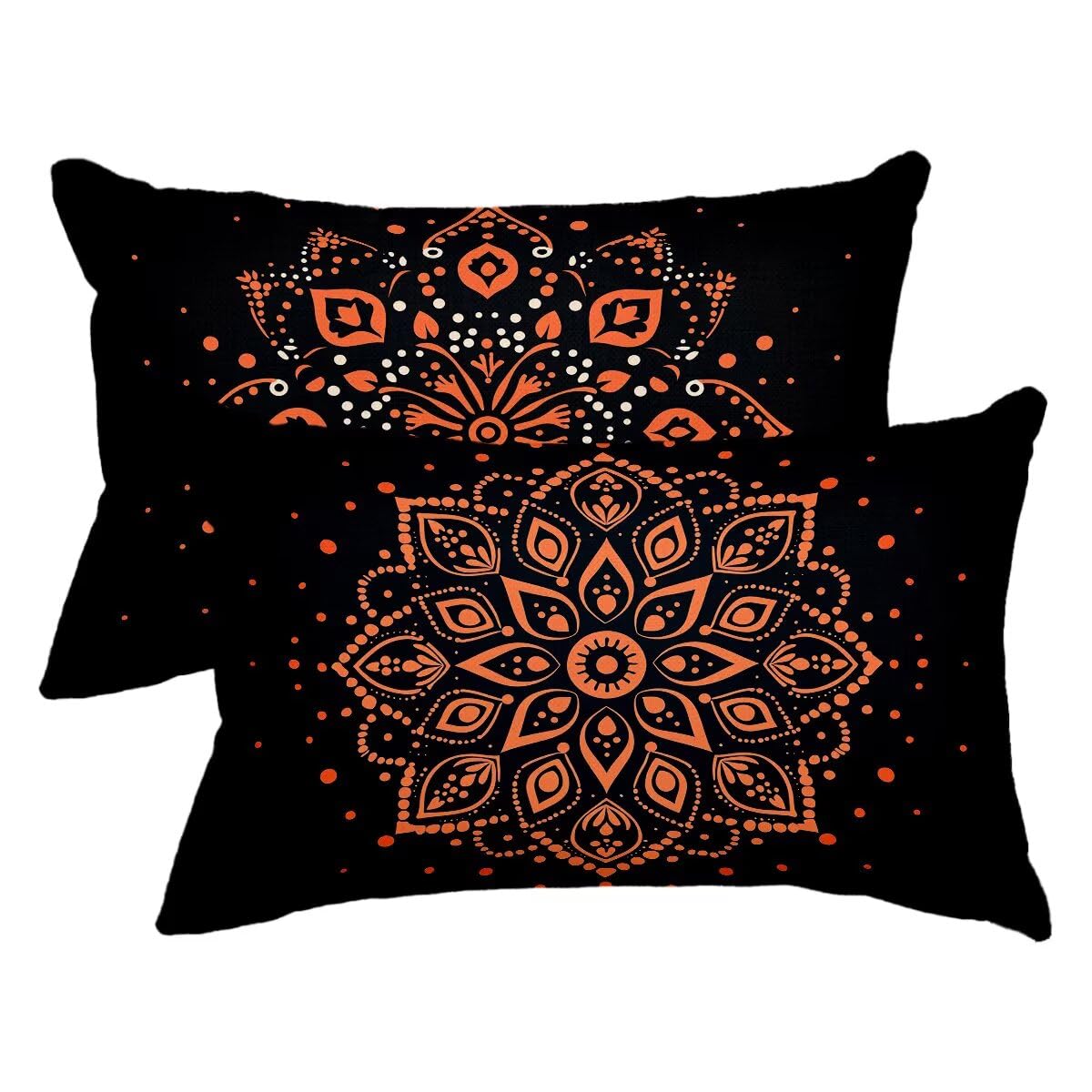 Housse coussin extérieur imperméable 40x70 anti-pluie | Lot de 2 taies lin mandala noir patio