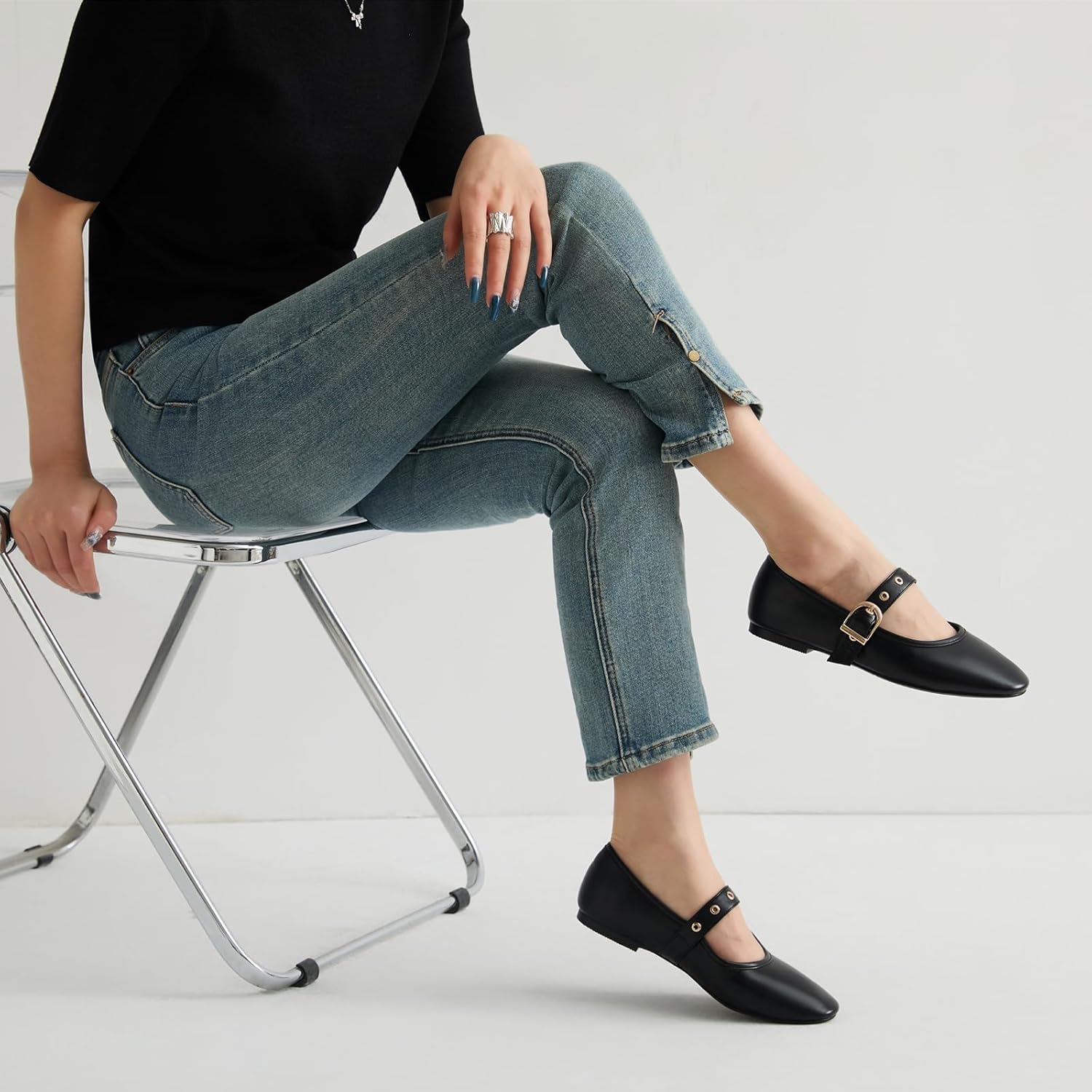 CouieCuies Women's Mary Jane Flats Round Toe Ballet Flat with Buckle Dressy Comfortable Maryjane Flats Adjustable Strap Office - Image 8