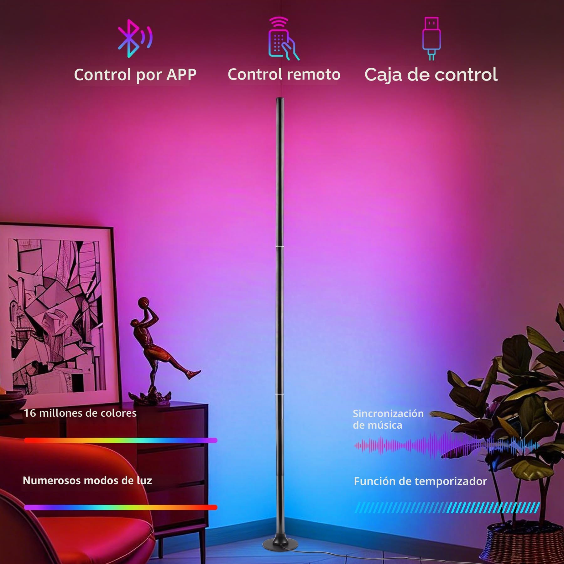 Lámpara de Pie LED RGB, Regulable con Mando y App, 16M Colores y Sincronización Musical, 120 cm, Angular Desmontable