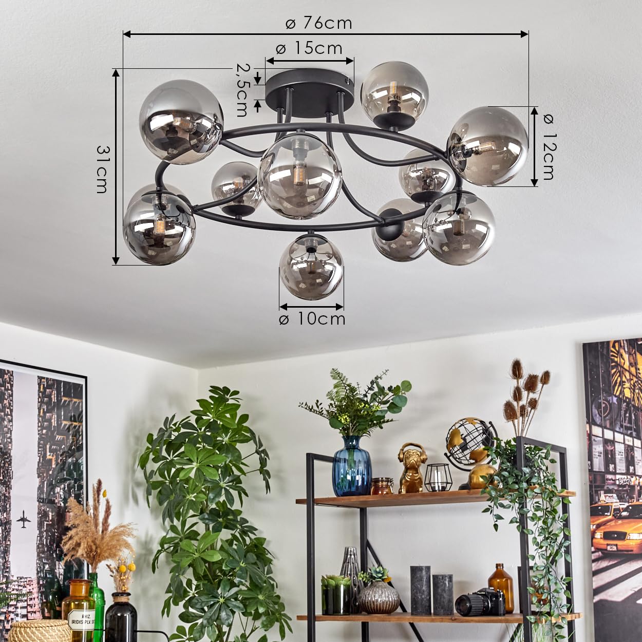Plafonnier HOFSTEIN Chehalis, plafonnier à 12 ampoules en métal/verre noir/couleur fumée, luminaire au design rétro/vintage (abat-jour Ø 10,12 cm), G9, salle à manger, salon, cuisine, couloir, bureau