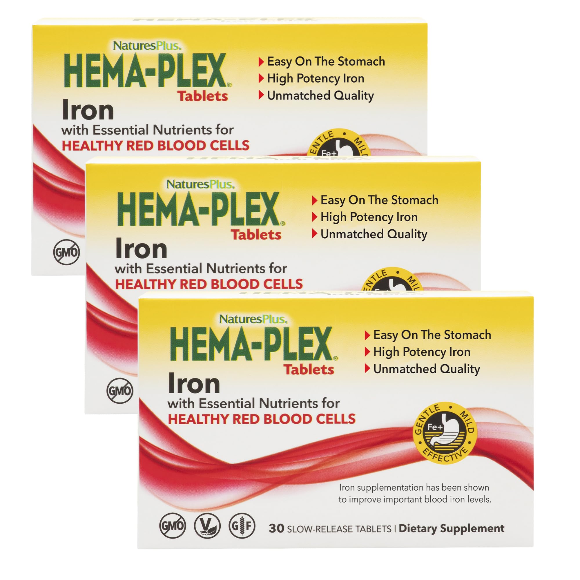 Nature's Plus Hema-Plex Iron - 30 Sustained Release Tablets, Pack of 3-85 mg Elemental Iron - Total Blood Health - with Vitamin C & Bioflavonoids - Vegan, Gluten Free - 90 Total Servings