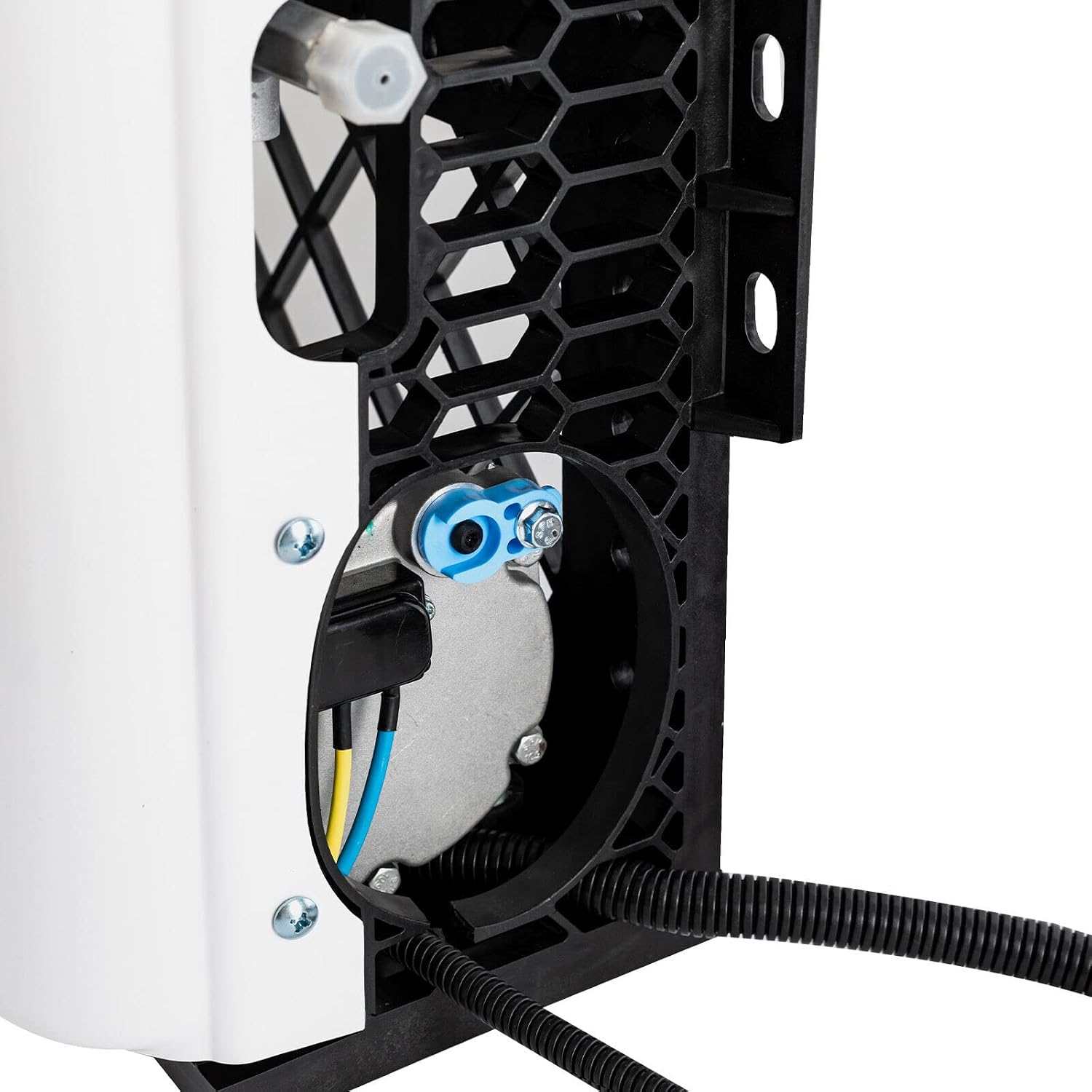 Close-up of the refrigerant line connection on the CNCEST 12V Air Conditioner outdoor unit.