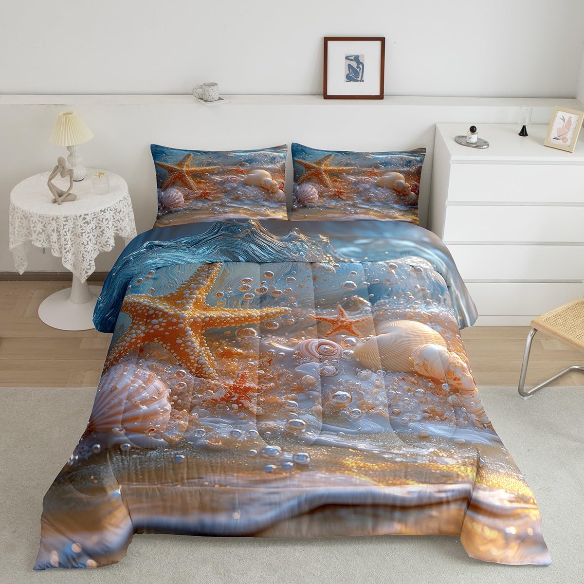 Feelyou Ocean Comforter Set Queen Size Starfish Beach Comforter for Boys Girls Teens Ocean Marine Bedding Set Hawaiian Sealife Duvet Set Room Decor