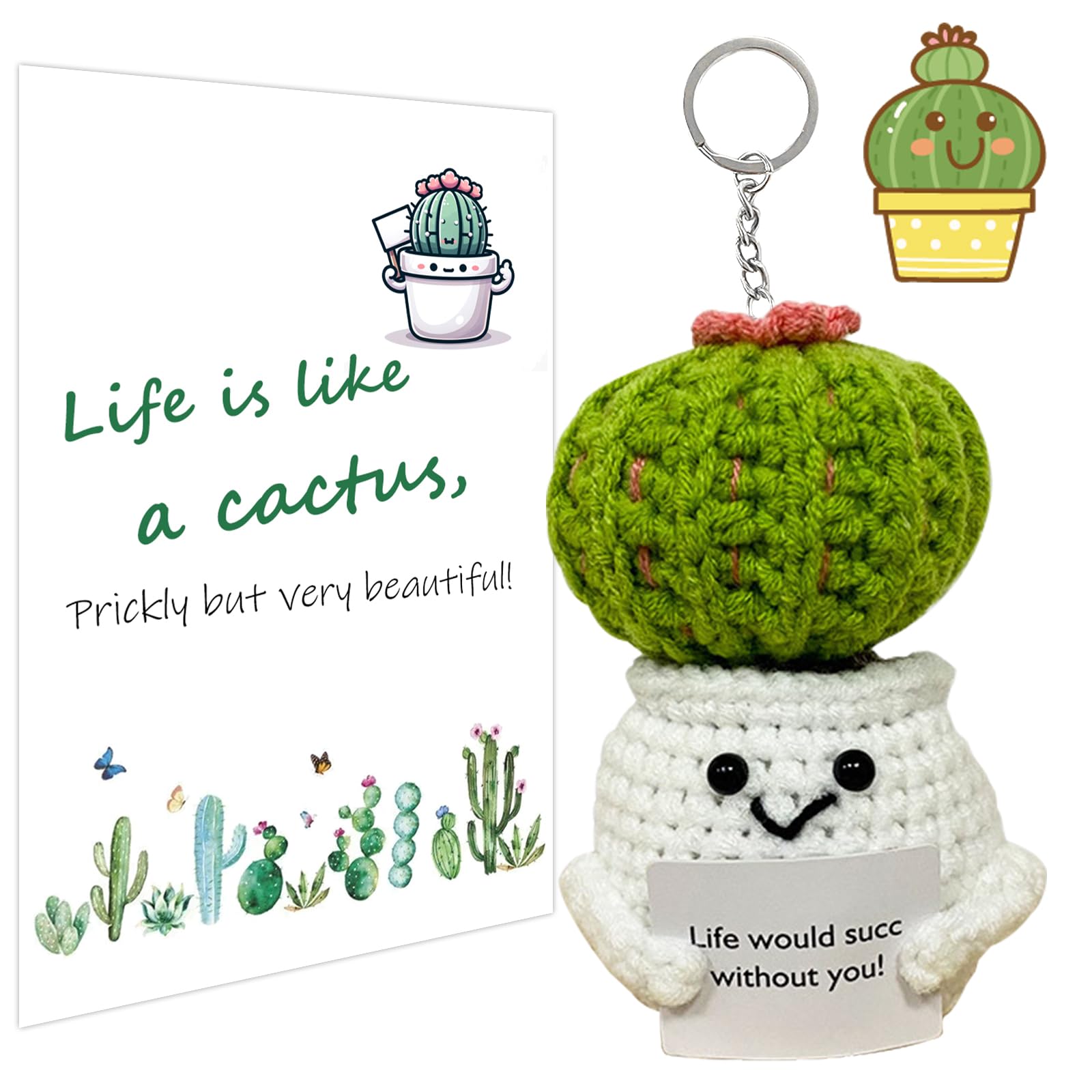 Grappige Positieve Cactus, 13 cm Positief Leven Aardappelcactus Gehaakte Plant Gebreide Pop Speelgoed met Aanmoedigingskaart Wol Cadeau Decoratie voor Feest, Mexicaanse Cinco Mayo Fiesta