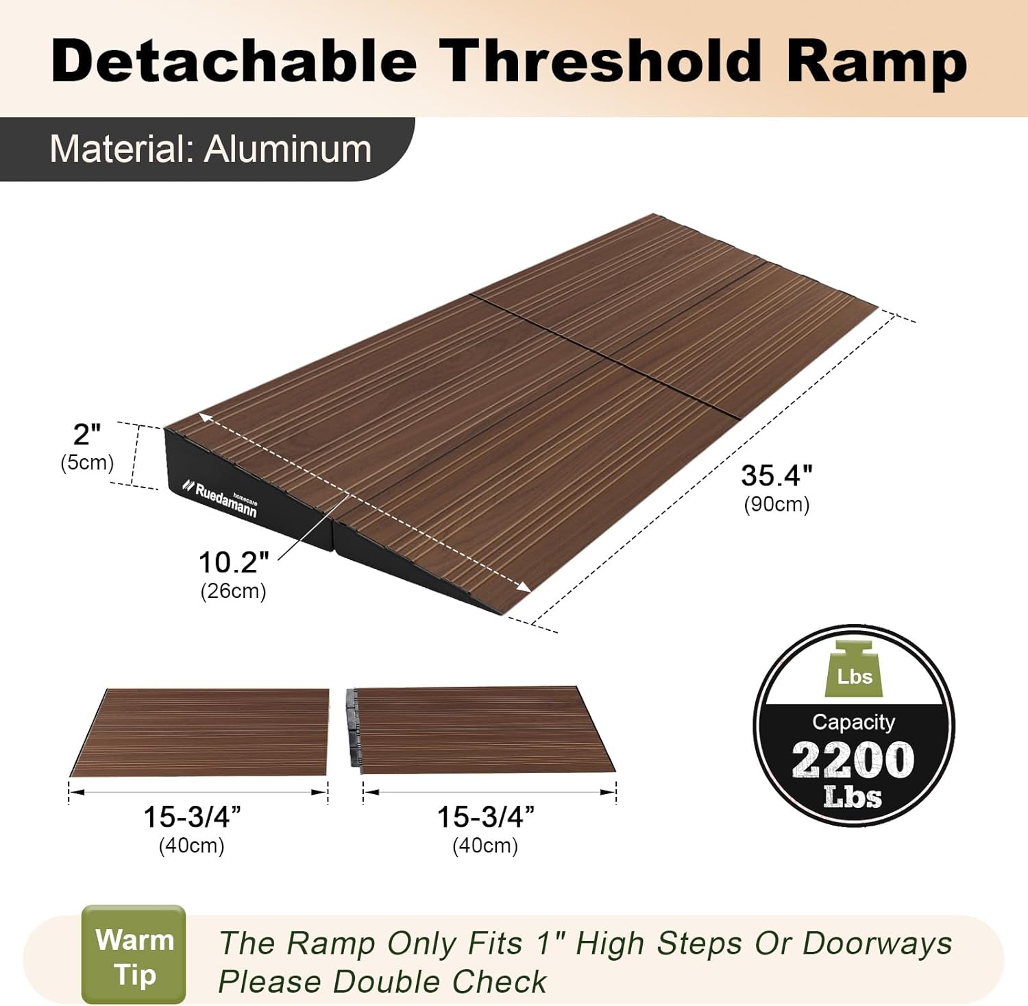 Ruedamann 2" Rise Modular Threshold Ramp for Doorways, 2200 lbs Capacity, Elegant Dark Wood Grain Door Threshold Ramp, Aluminum Non-Slip Door Ramps for Wheelchair, Walker, Scooter, Pets, 2 Pcs