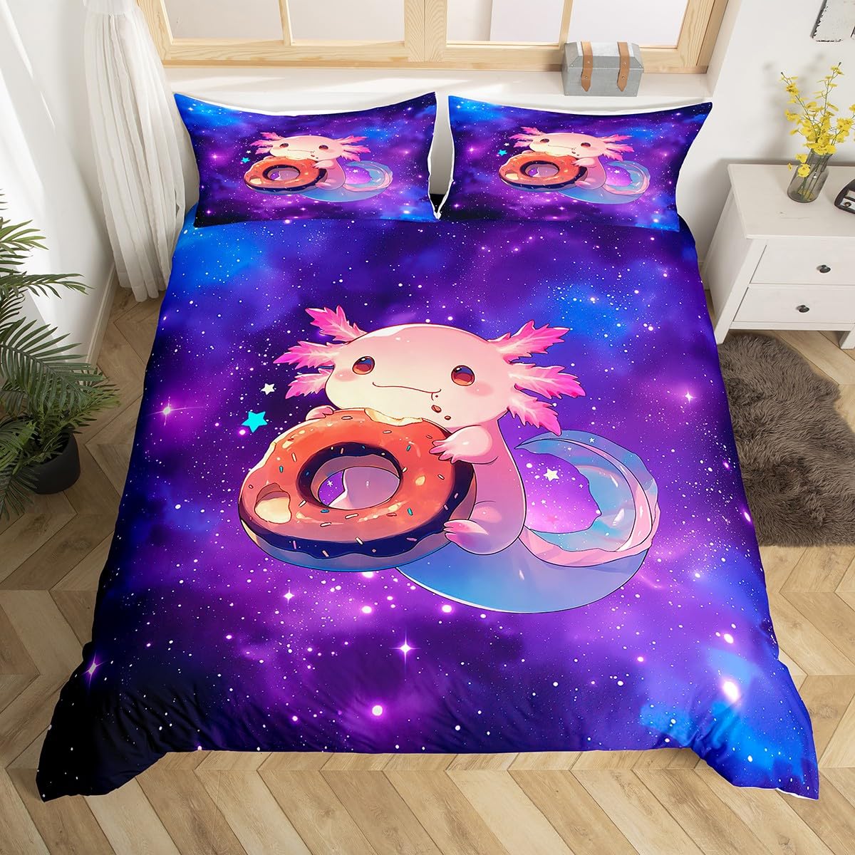 Homemissing Kids Cute Axolotl Bedding Set King Size Donuts Cartoon Salamander Comforter Cover Set for Boys Girls Galaxy Outer Space Duvet Cover Bedspread Cover Room Decor Quilt Cover,No Stuffing โ image 1