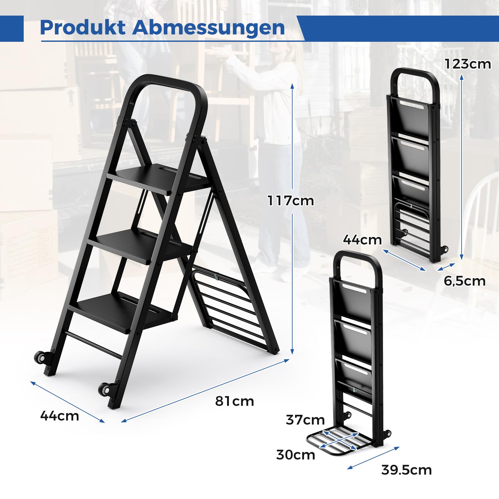 COSTWAY 2 in 1 Sackkarre & Trittleiter klappbar, 2 Räder Handwagen, Transportkarre Metall umwandelbar, Ladefläche 30 x 37cm, Karre bis 250kg / Leiter bis 200kg belastbar, schwarz