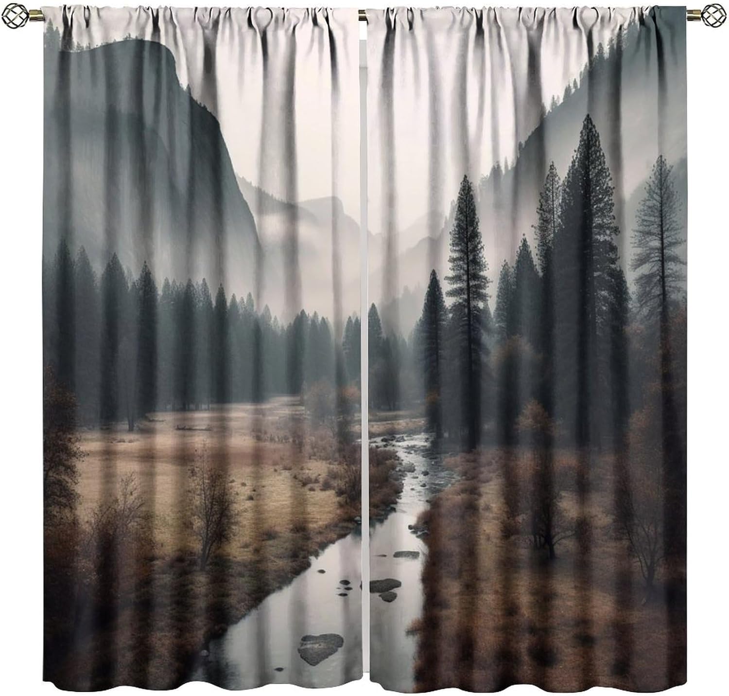 Foggy Forest Curtains, Mystic Natural Rustic Autumn Scenery Pine Tree Jungle Mountain Woodland View Window Treatments, Blackout Rod Pocket Drapes For Living Room Bedroom Bathroom Kitchen 42x45in