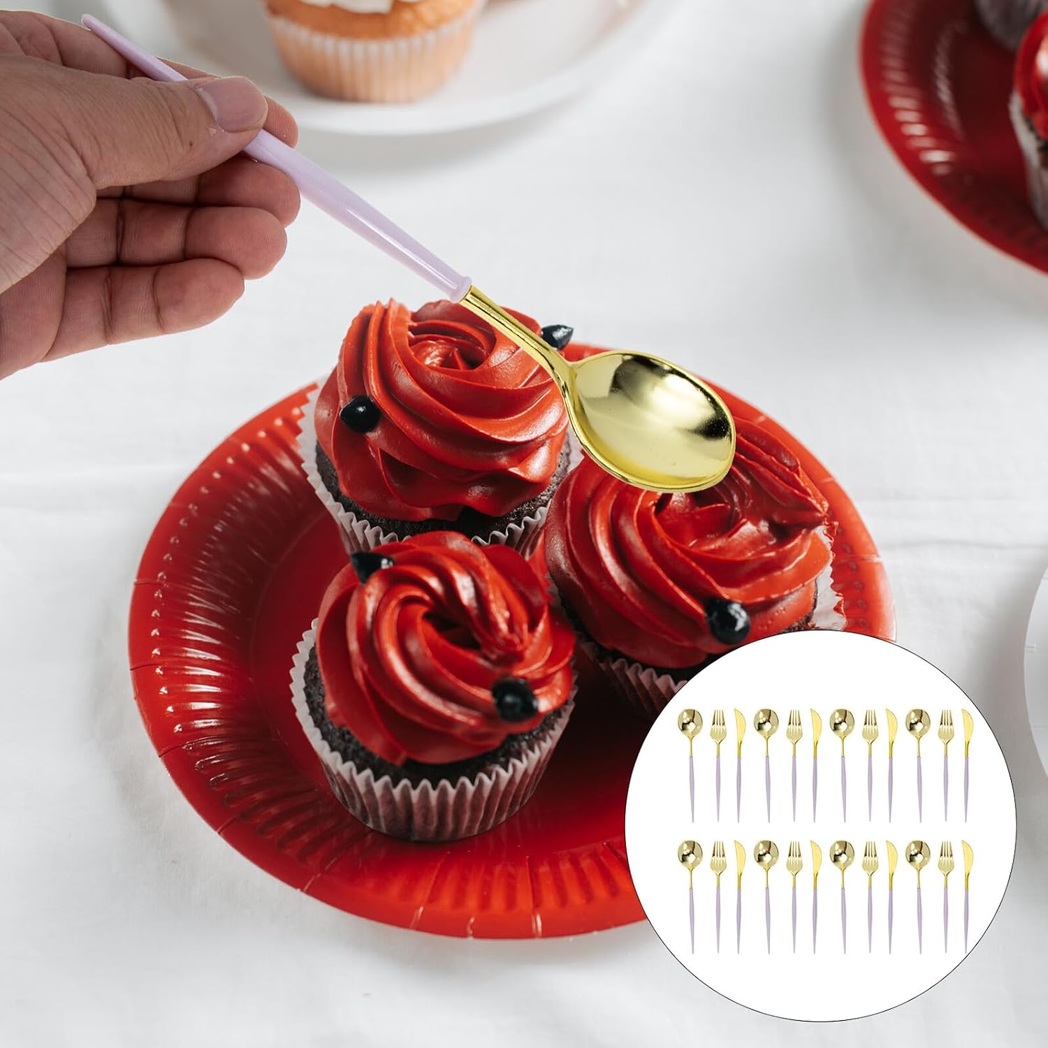 Purple Disposable Plastic Cutlery Set 24pcs – Gold-tone Forks, Knives Spoons Party Tableware for Birthday, Picnic, and Catering Use