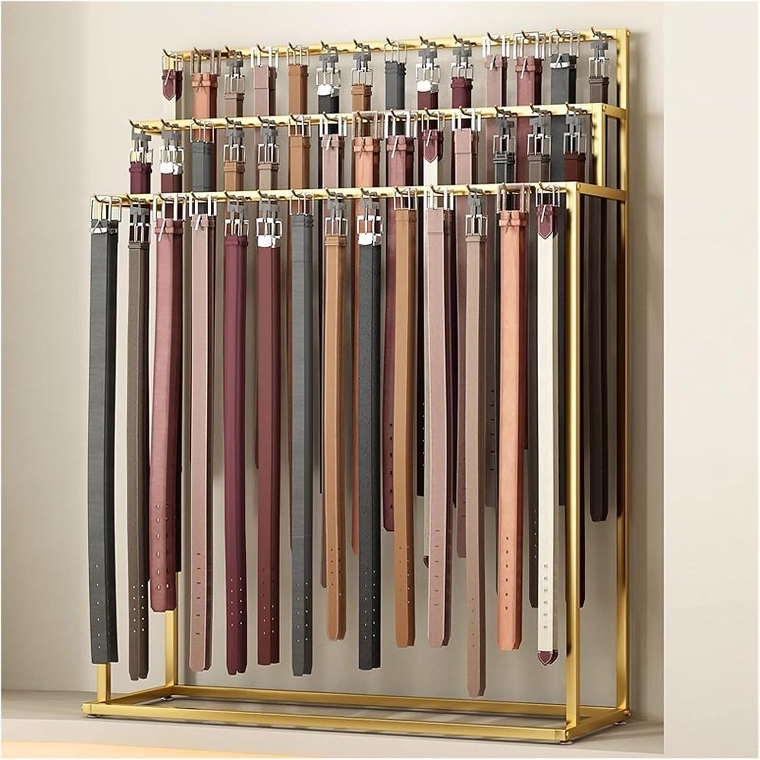Gold Belt Organizer Rack with 21/24/30/39/48/60 Hooks, Against The Wall Metal Bras Panties Socks Hanger, for Closet/Lingerie Shop/Shopping Mall, Iron Frame(48 Hanging Rods)