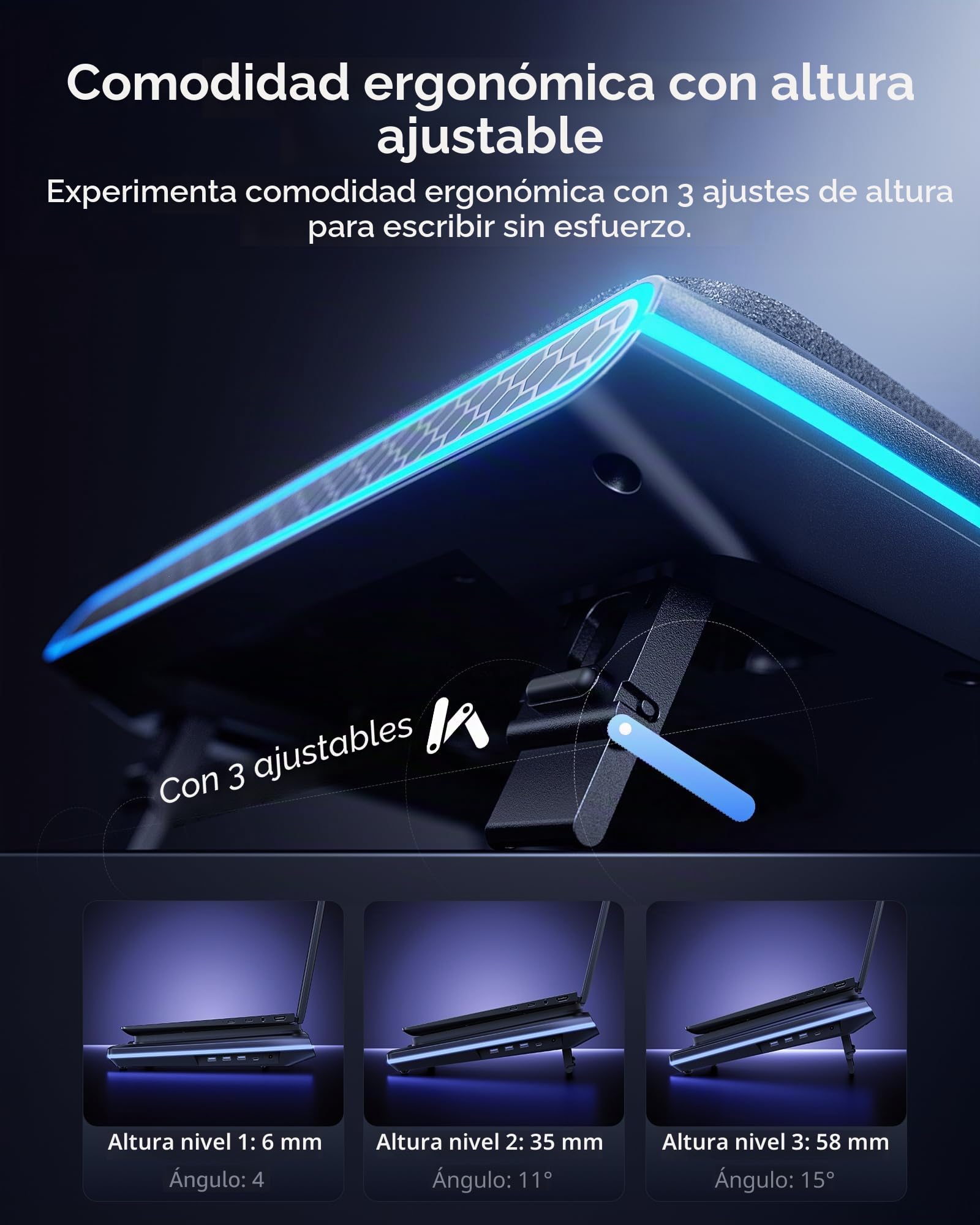 llano V12 Ultra Base Refrigeradora para Laptop con Control de Software Inteligente, Soporte Ventilador RGB para Laptop Gaming, Ventilador Turbo 5.5", 3 *USB 3.0 para Laptops de 15.6" a 19"