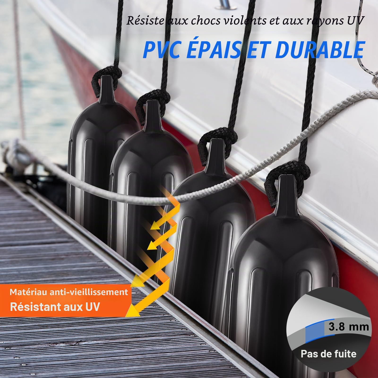 VEVOR Garde-boue de bateau, 14 x 50,8 cm, 16,5 x 58,4 cm, 21,8 x 40,6 cm, pare-chocs de bateau pour amarrage, garde-boue nervuré gonflable avec trous centraux, pare-chocs de quai de bateau marin pour