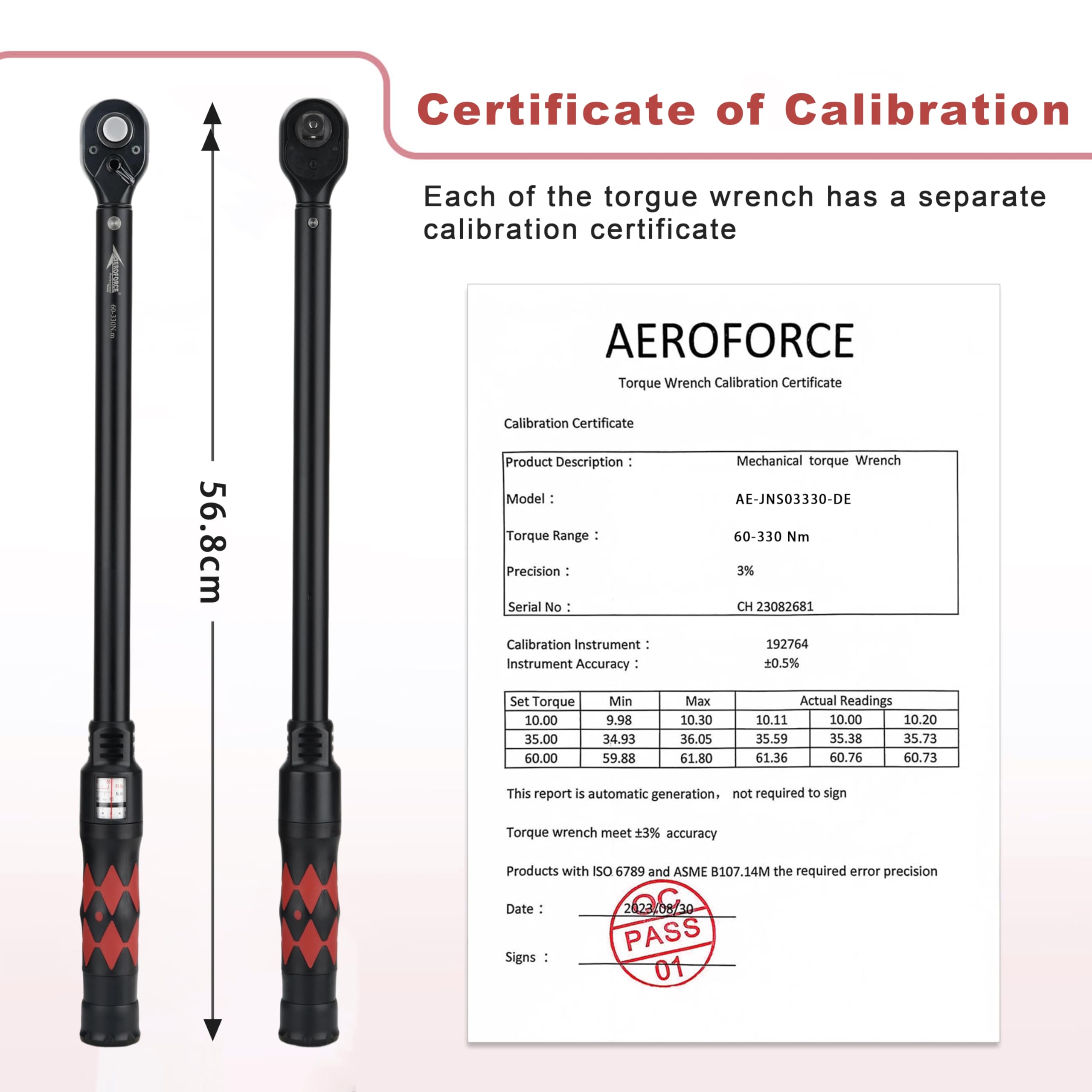 AEROFORCE Clé Dynamométrique 1/2" 60-330NM Précision ±3% 72 Dents Clé à Cliquet Réversible