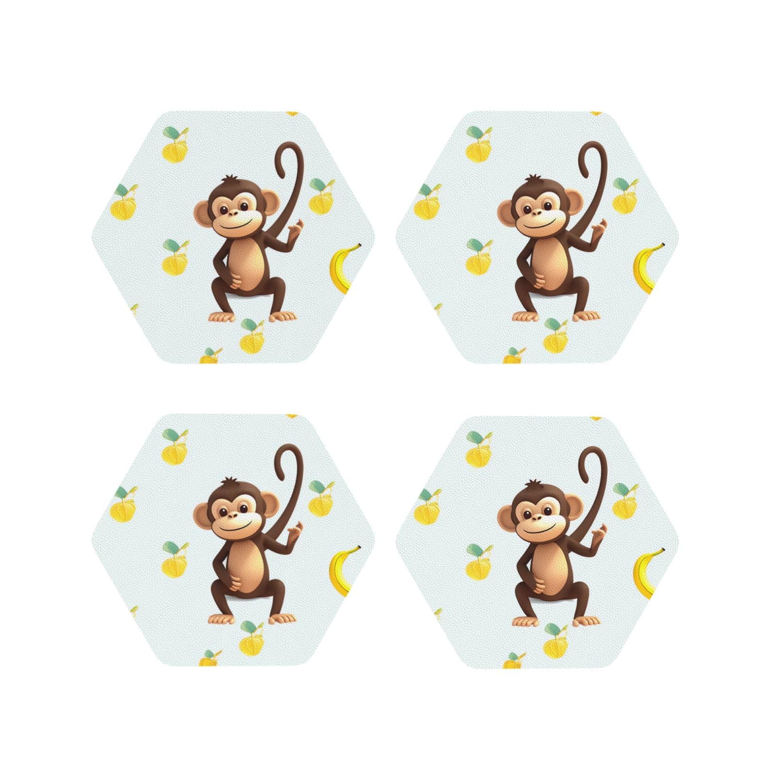 4pcs Drink Coasters for Tabletop Protection, 4" Leather Coasters for Drinks, Monkey and Banana Cup Coasters for Coffee Table Decor, Non-Slip Drinking Cup Mat for Hot Or Cold Drink