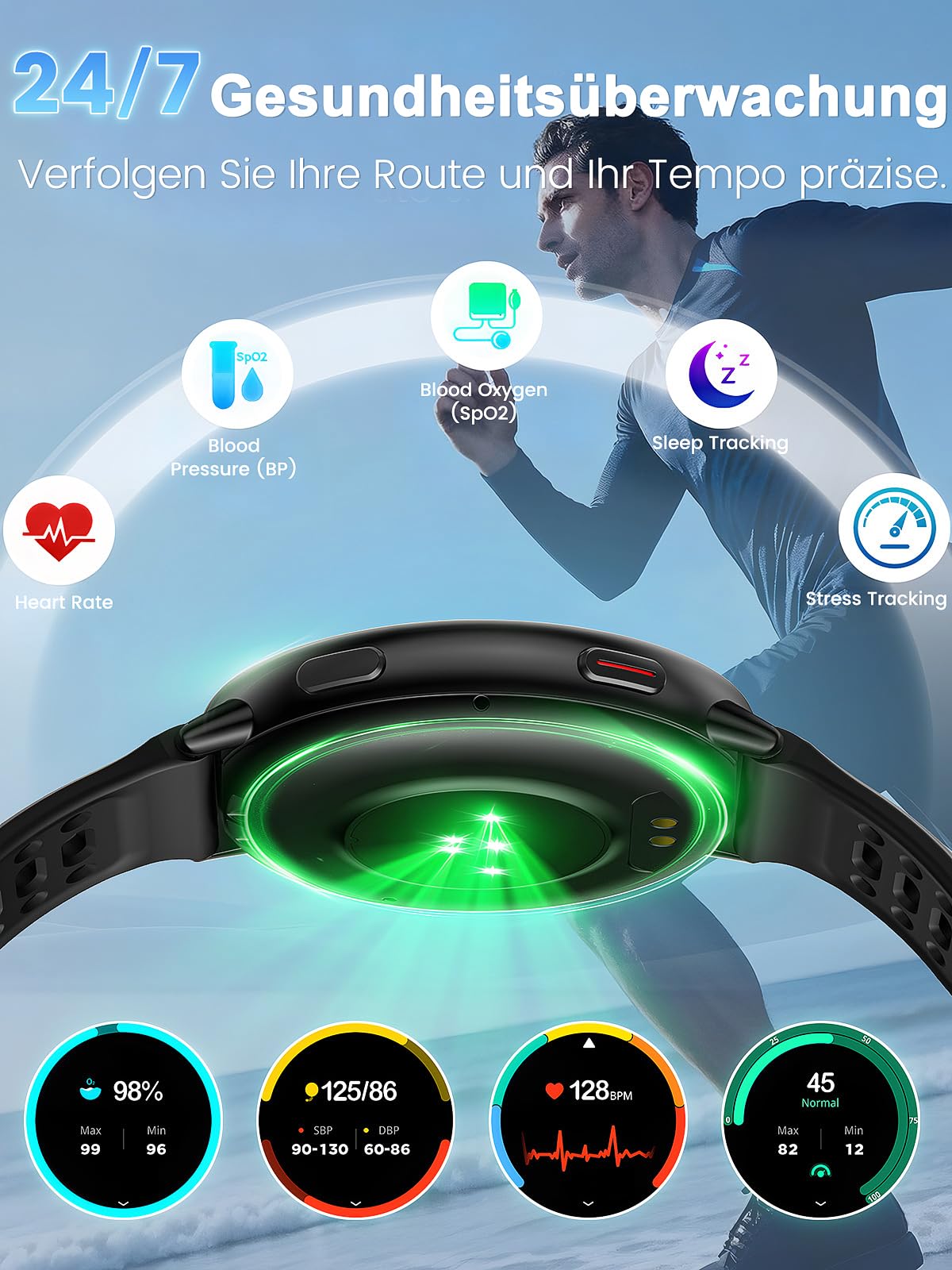 GPS Smartwatch Herren, 1.39" Smart Watch for Men mit Bluetooth Anruf, Sportmodi,Herzfrequenz, Blutdruckmessung, GPS Sportuhr für iOS Android