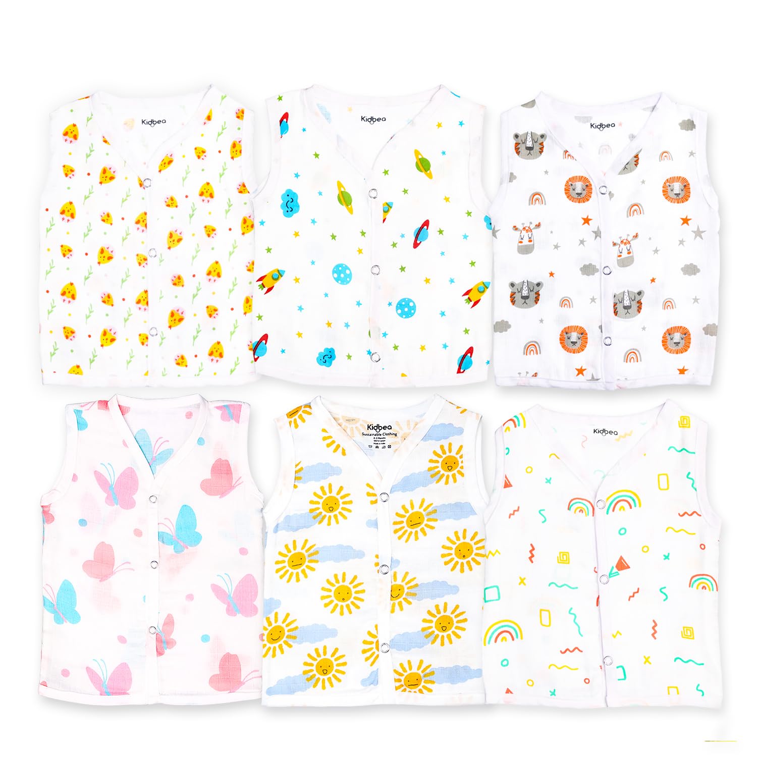 Kidbea Organic Muslin Cotton Jhabla for Newborn Baby Boys Cute Chick, Space, Tiger, Mickey, Butterfly & Rainbow Print Pack of 6 (9-12 Months)