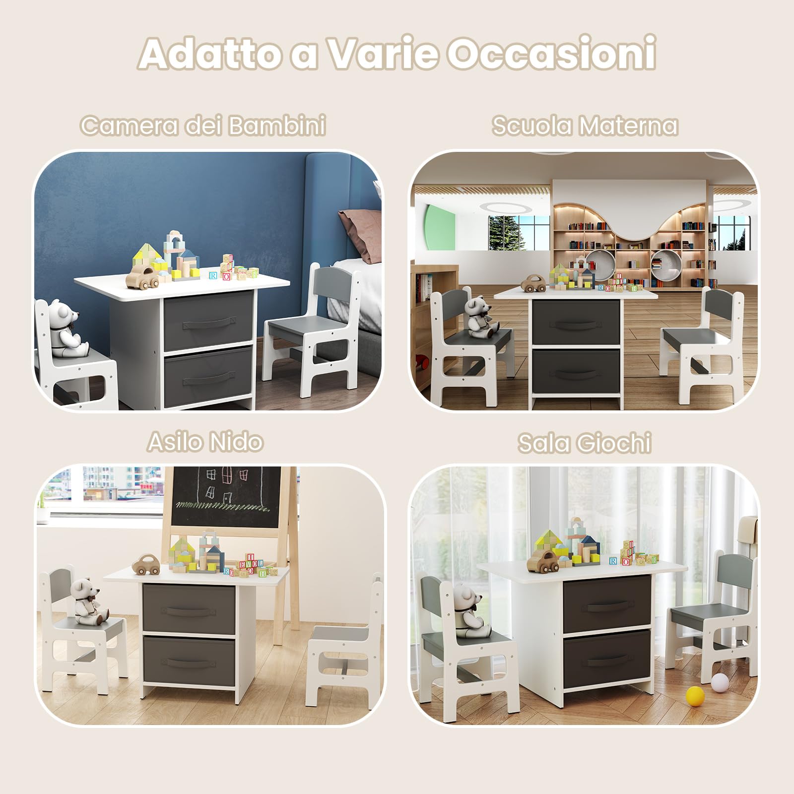 COSTWAY Set Tavolo e Sedie per Bambini 1-7 Anni, Tavolino in Materiale Atossico e Indore con 2 Sedie Ergonomiche con Schienale, Angoli Arrotondati, Ideale per Giocare, Disegnare e Leggere (Grigio)