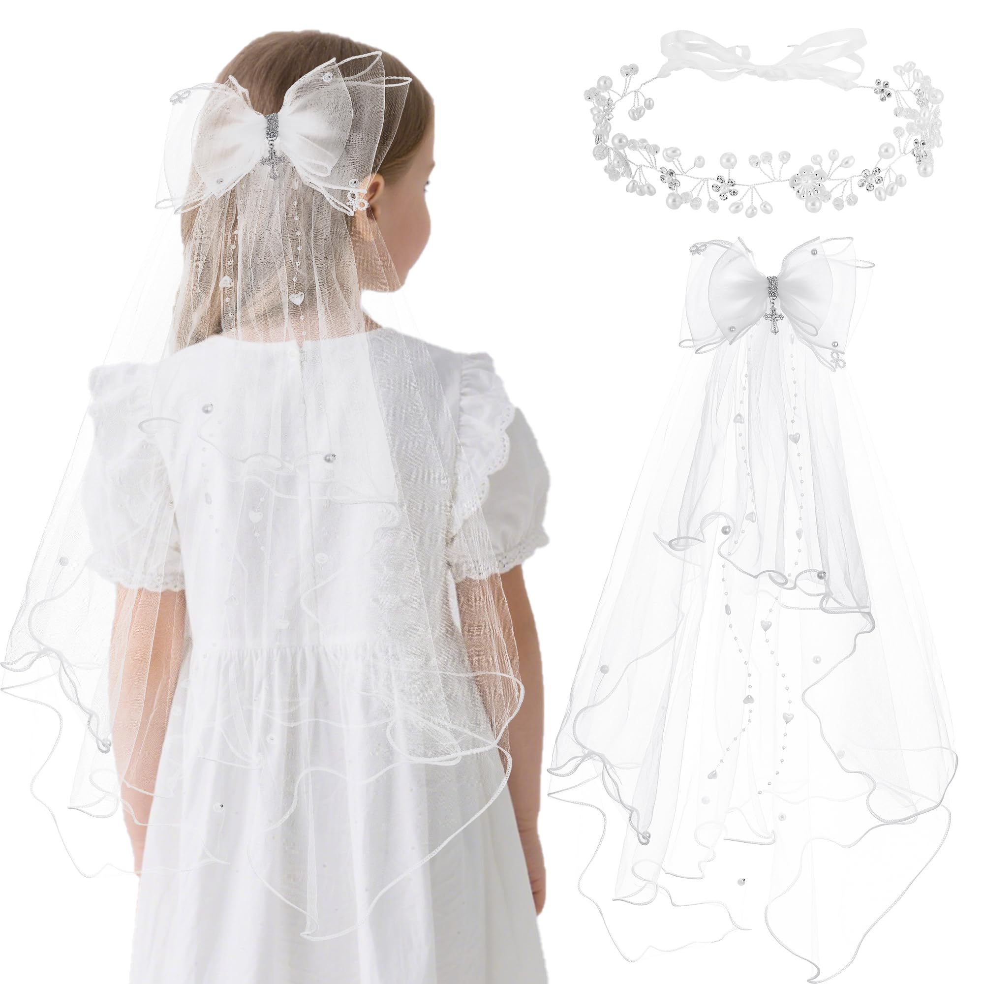 First Communion Veil Headwear Gifts for Girls, White Flower Crown Veil and Headpiece Accessories Set for Dress Up
