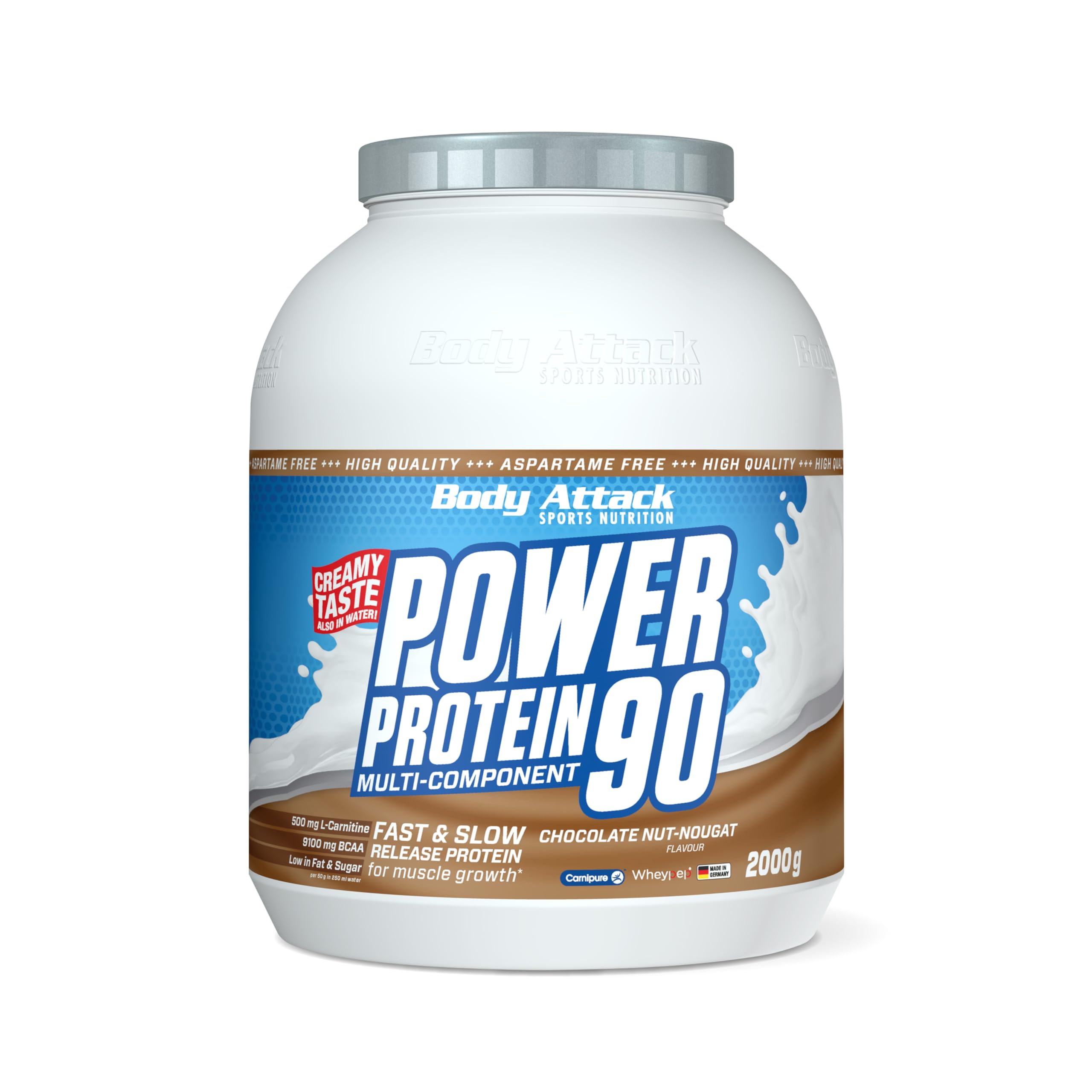 Body Attack Power Protein 90, Cioccolato-Torrone, 2 kg, 5K proteine in polvere con proteine del siero di latte, L-carnitina e BCAA per la costruzione muscolare e il fitness