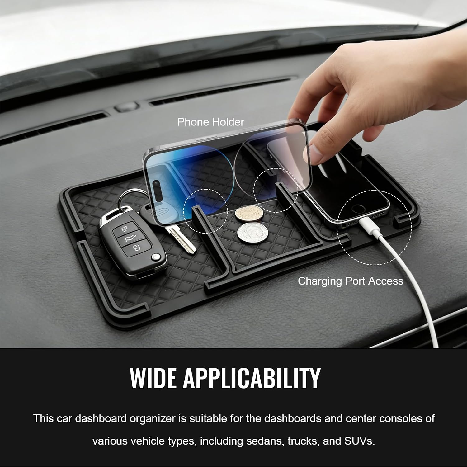 Car Dashboard Mat, Anti-Slip Strong Gripping Pad Auto Interior Storage Holder Mat, Multifunctional Car Center Console Tray Dash Organizer Pad for Phone Key Sunglass (Ordinary)