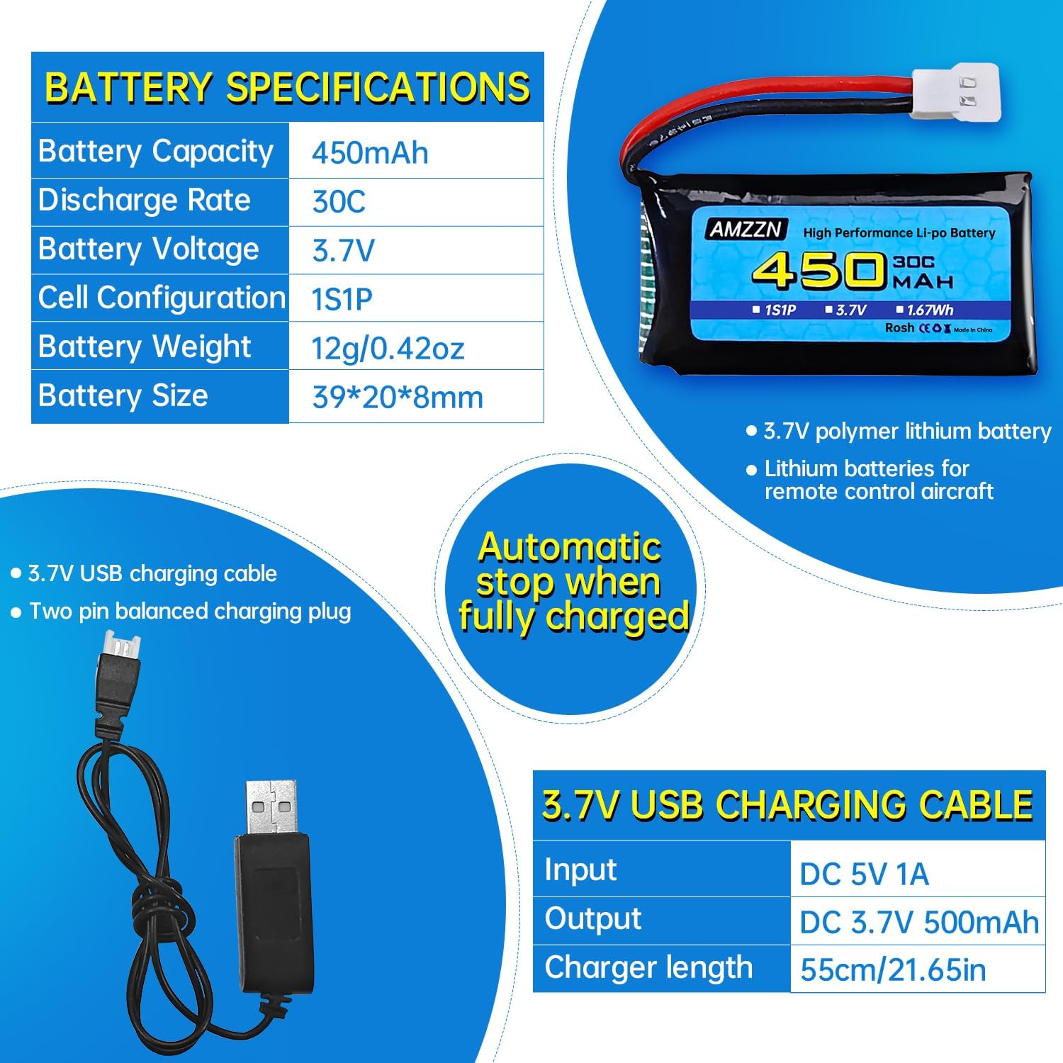 5 Batteries Lipo 3,7 V 400 MAh 20C Avec Chargeur 5 En 1 - Pour Drones RC, Avions Miniatures - Connecteur XH2.54, 41 X 21 X 8 Mm