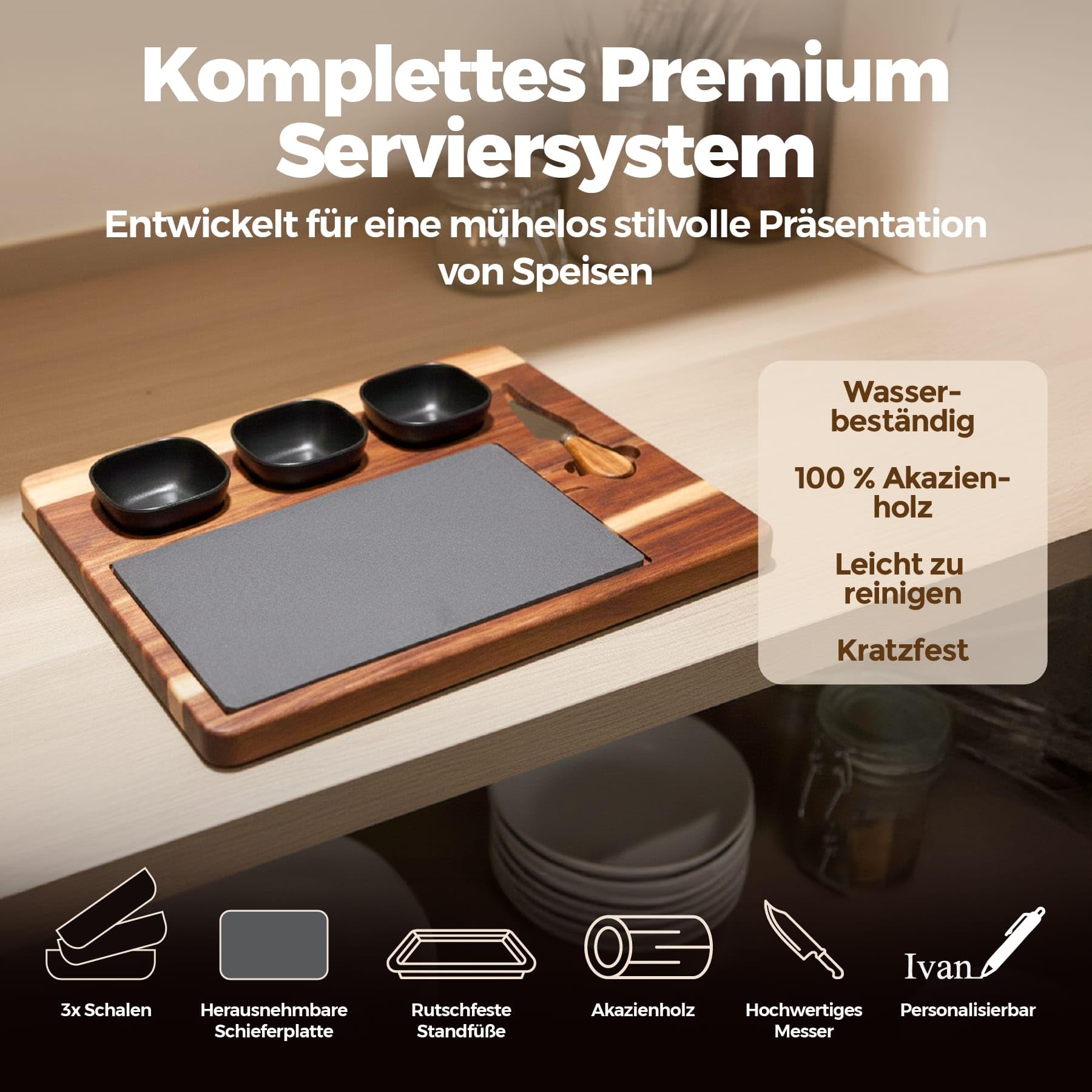 Servierbrett Set PERSONALISIERBAR mit Schieferplatte – Große Antipasti Platte aus Akazienholz inkl. Käsemesser & 3 Schalen – Servierplatte für Käse, Sushi, Tapas & Grill – Käseplatte 40x30 cm