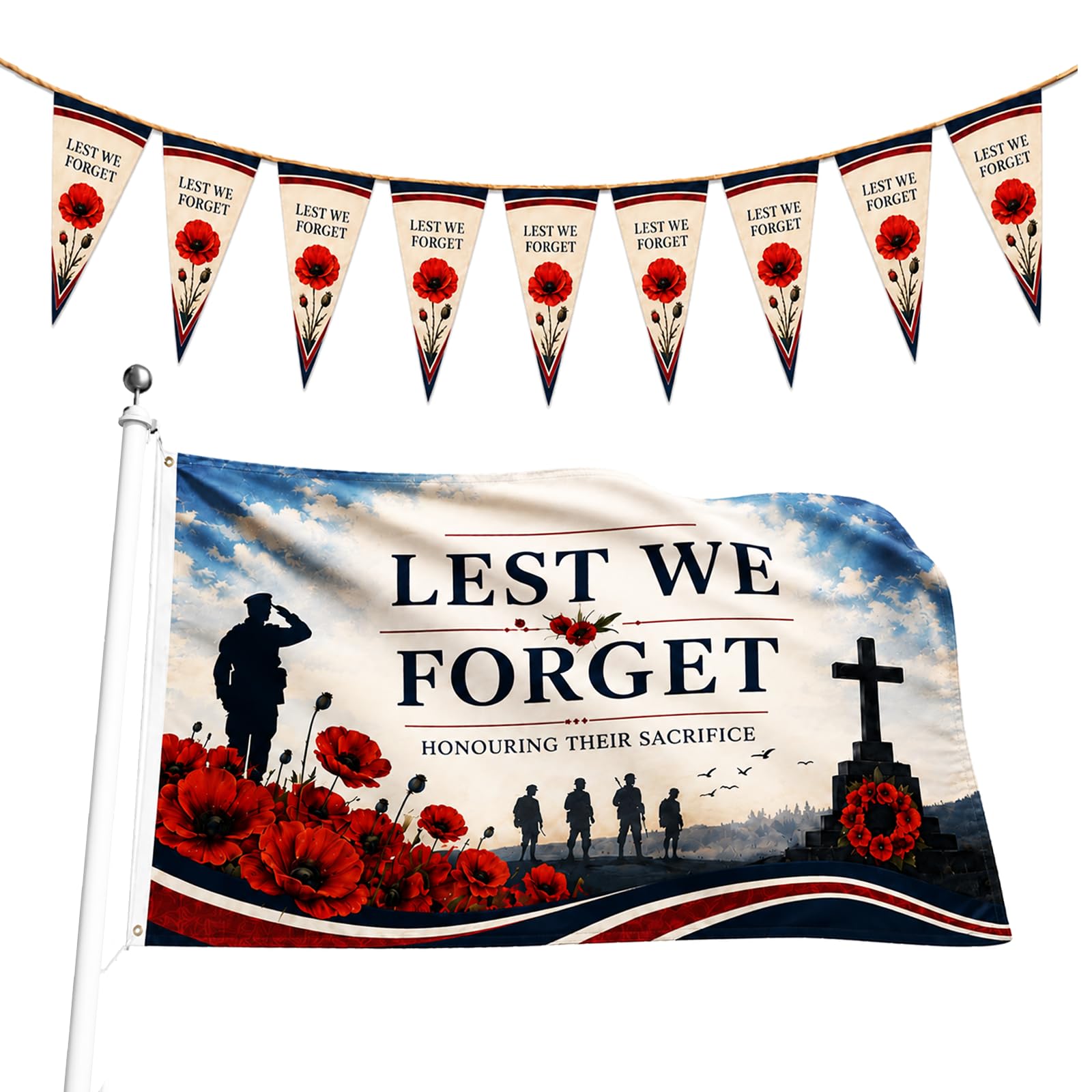 Lest We Forget Flag Set, 150 X 90 Cm Remembrance Flag and 5 m Bunting