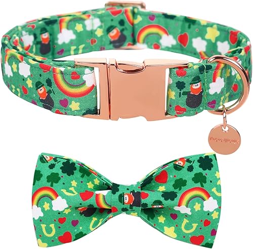 DOGWONG Collar de perro de trébol de la suerte verde con corbatín, suave y ajustable para el día de San Patricio, collar de cachorro para perros