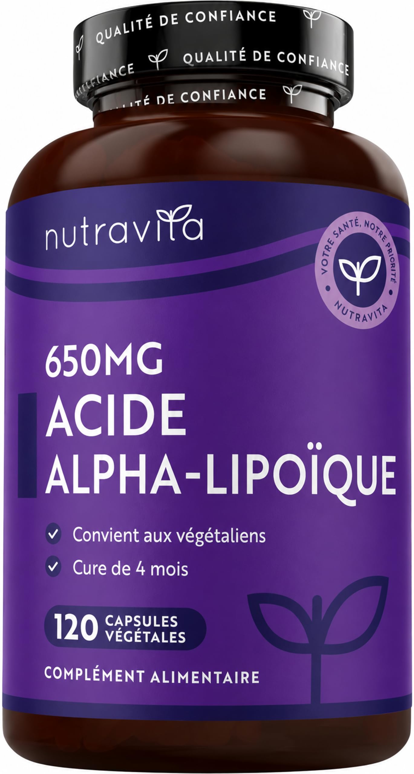 Acide Alpha-Lipoïque 650 mg − 120 Gélules Entièrement Végétales très Puissantes − 100% Naturelles, sans Agent de Remplissage Synthétiques − Provision de 4 Mois − Fabriqué au Royaume-Uni par Nutravita