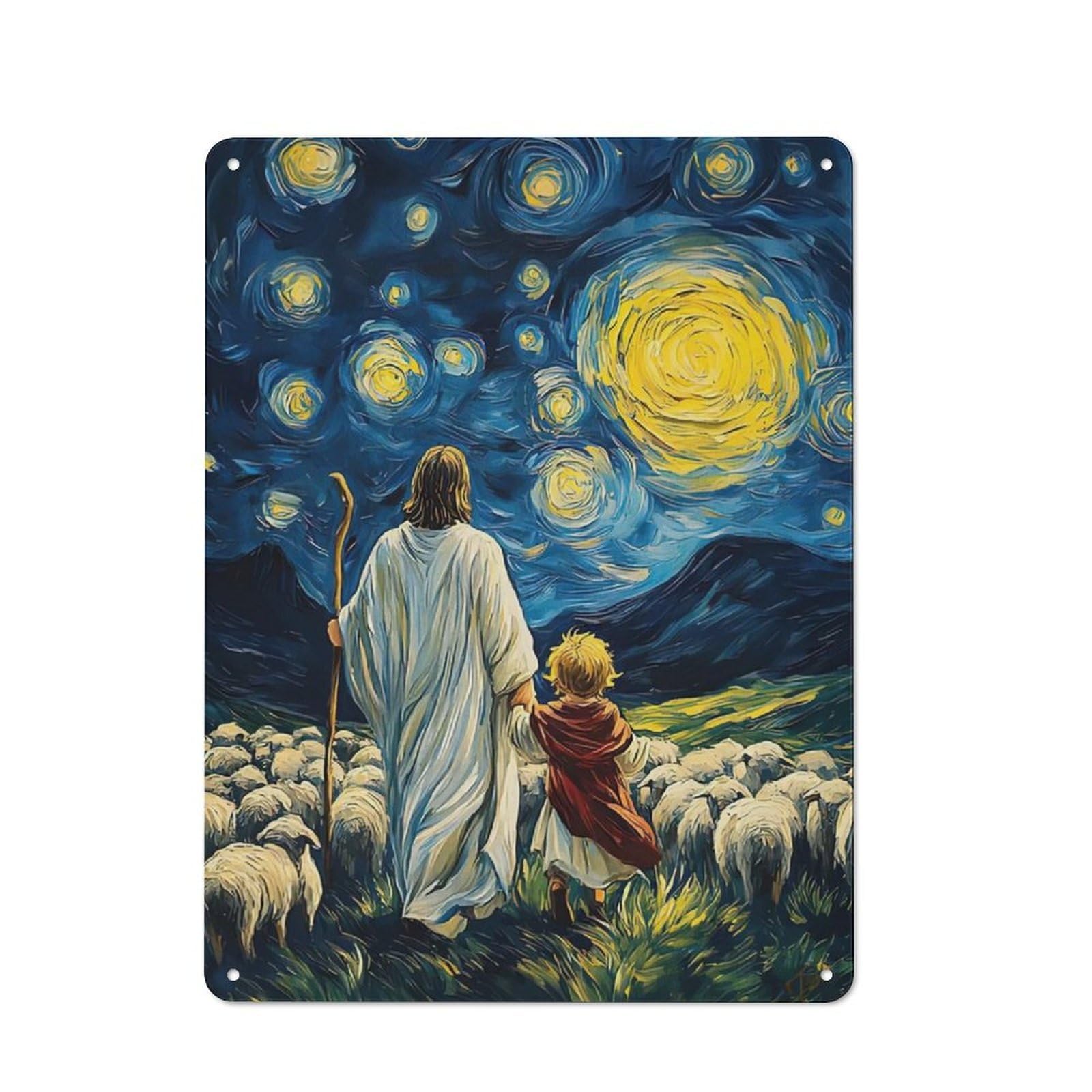 Junmoney Jesus Child Sheep Starry Night Creative Metal Wall Decor 40X30cm, Metal Desk Wall Sign For Hobby Room, Office, Lounge Or Living Room