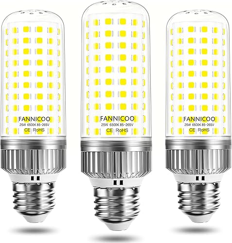 Bombilla LED E26, bombilla LED de maíz de 25 W, equivalente a 200 W, 6500 K, luz fría de día blanca, 2500 lm, ventilador de techo no regulable, sin