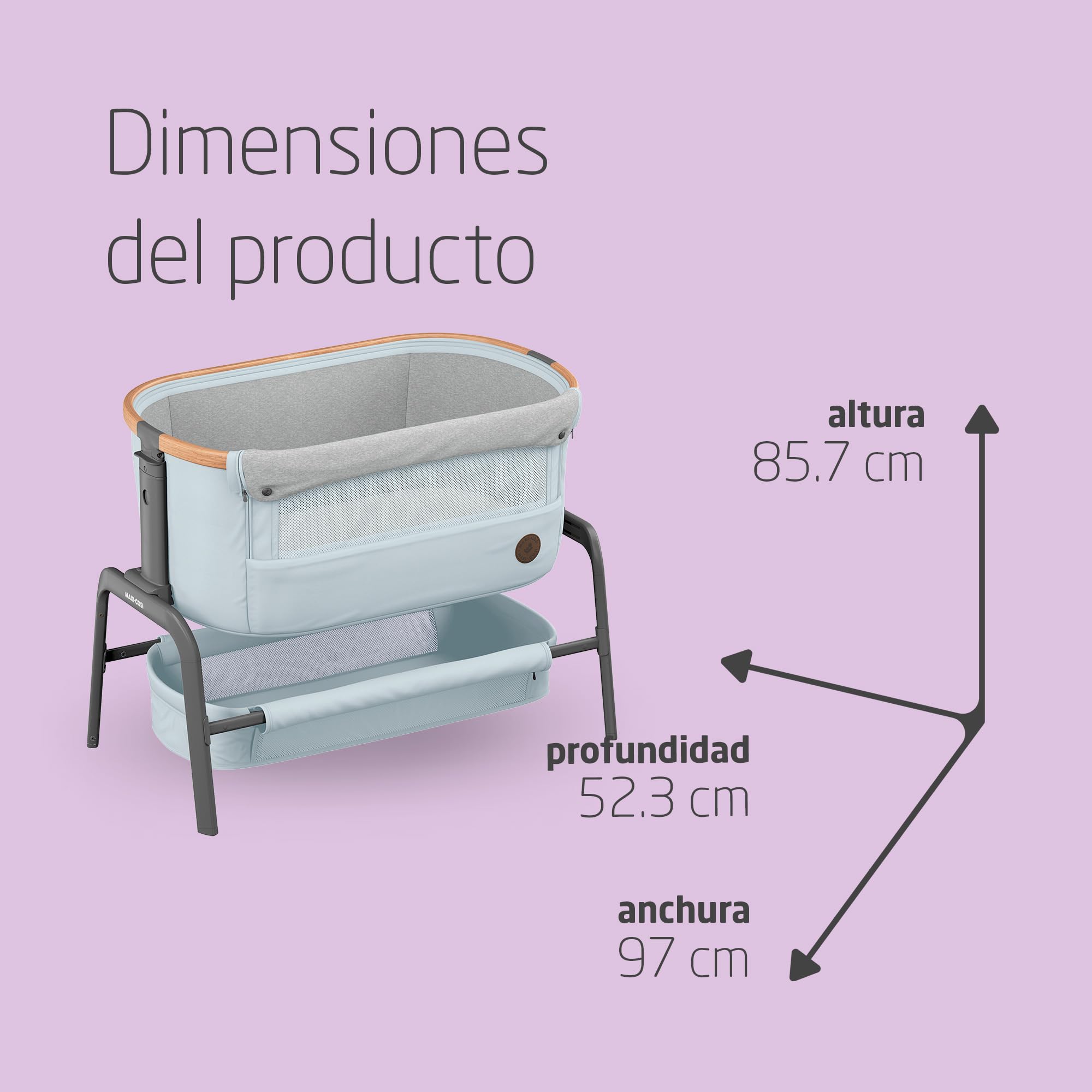 Maxi-Cosi Iora Cuna Colecho Bebe, Co-Sleeper, 0 - 6 meses, máx. 9 kg, 4 Posiciones de Inclinación y 5 de Altura, Fácil Deslizamiento, Cómodo Colchón, Amplia Cesta, Fácil Transporte, Essential Grey