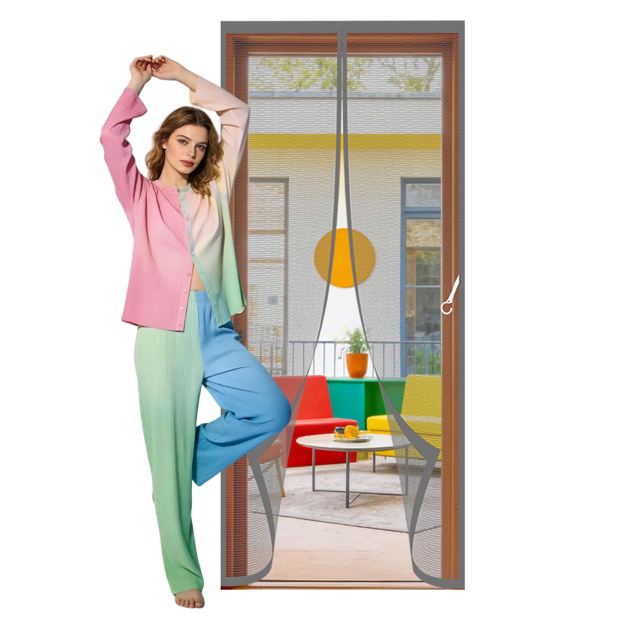 Fly Screen Door 130 x 224 cm No Drill Installation Anti Mosquito Mesh Curtain with Powerful Magnets Keeping Out Flies Bug Suitable for Patio Room Balcony Bedroom, Grey