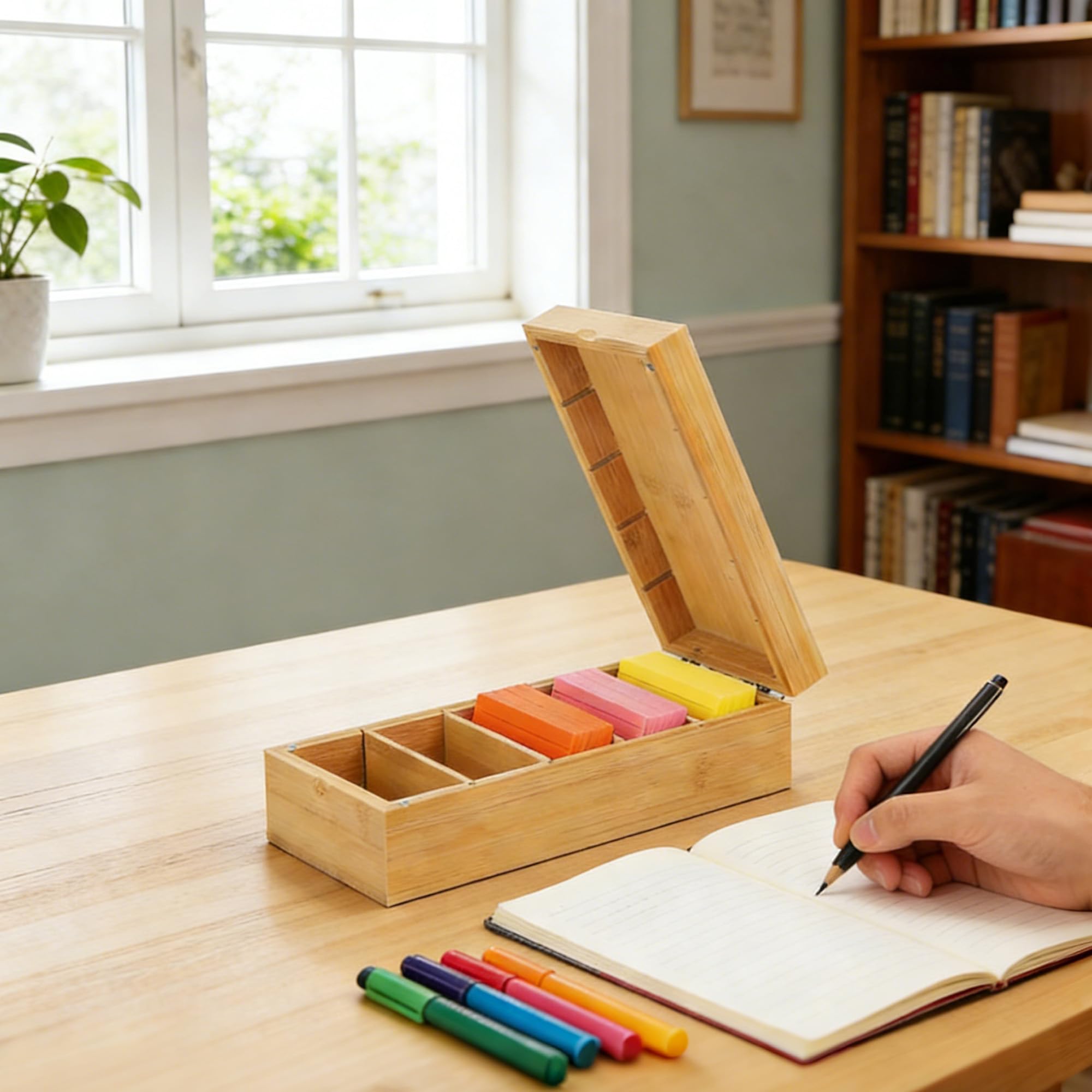 Boîte à Fiches en Bois 4 Compartiments Ajustables pour Fiches A8 22.2x9.5x7cm
