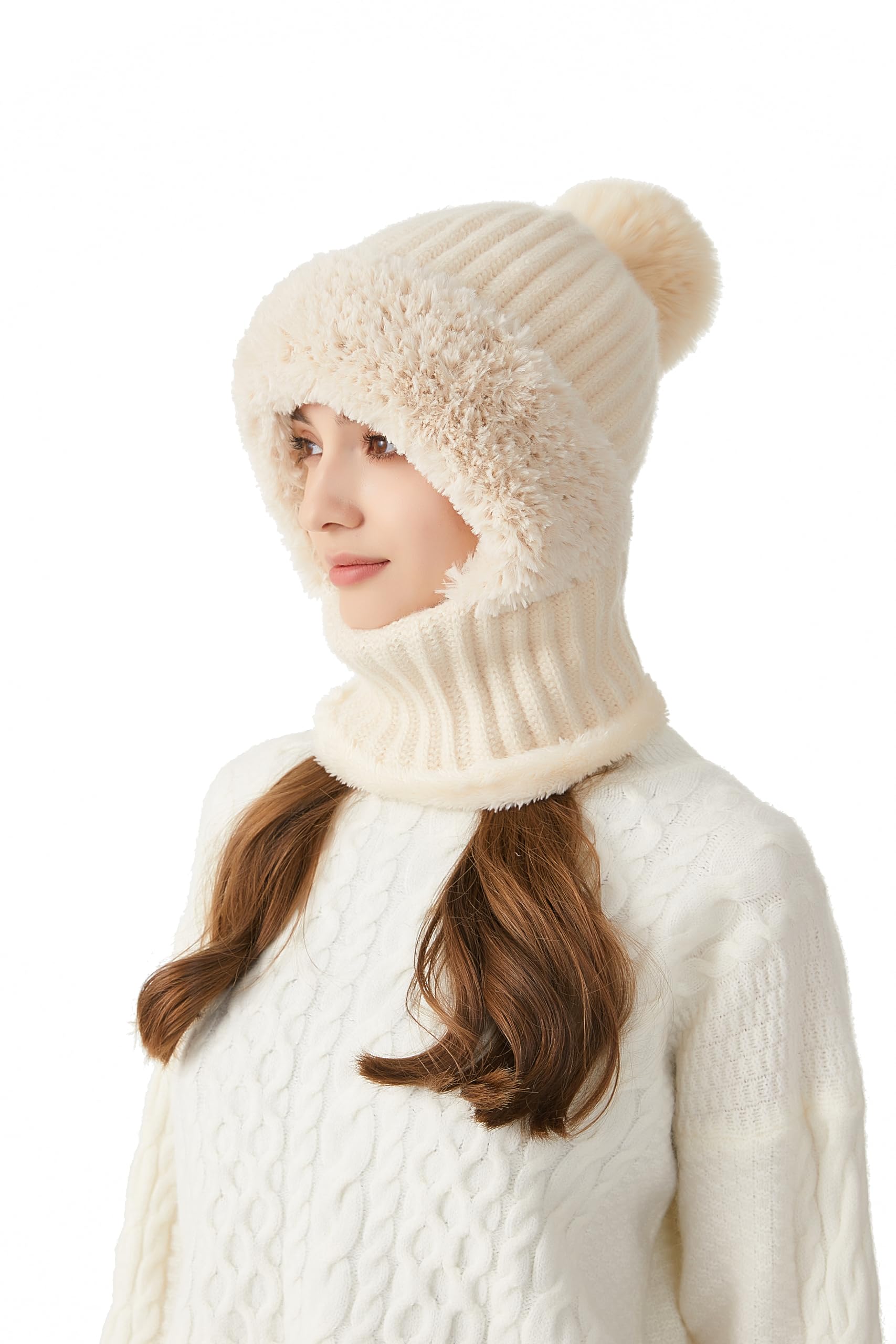 Gorro con pompón for mujer, bufanda, forro polar cálido de invierno, capucha y resistente al viento